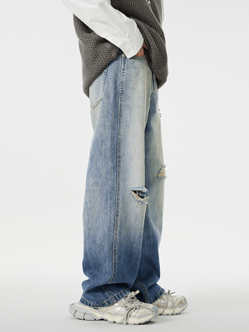 Japanese Brand Light blue vintage distressed straight-leg ripped jeans Size US 32 / EU 48 - 2 Thumbnail