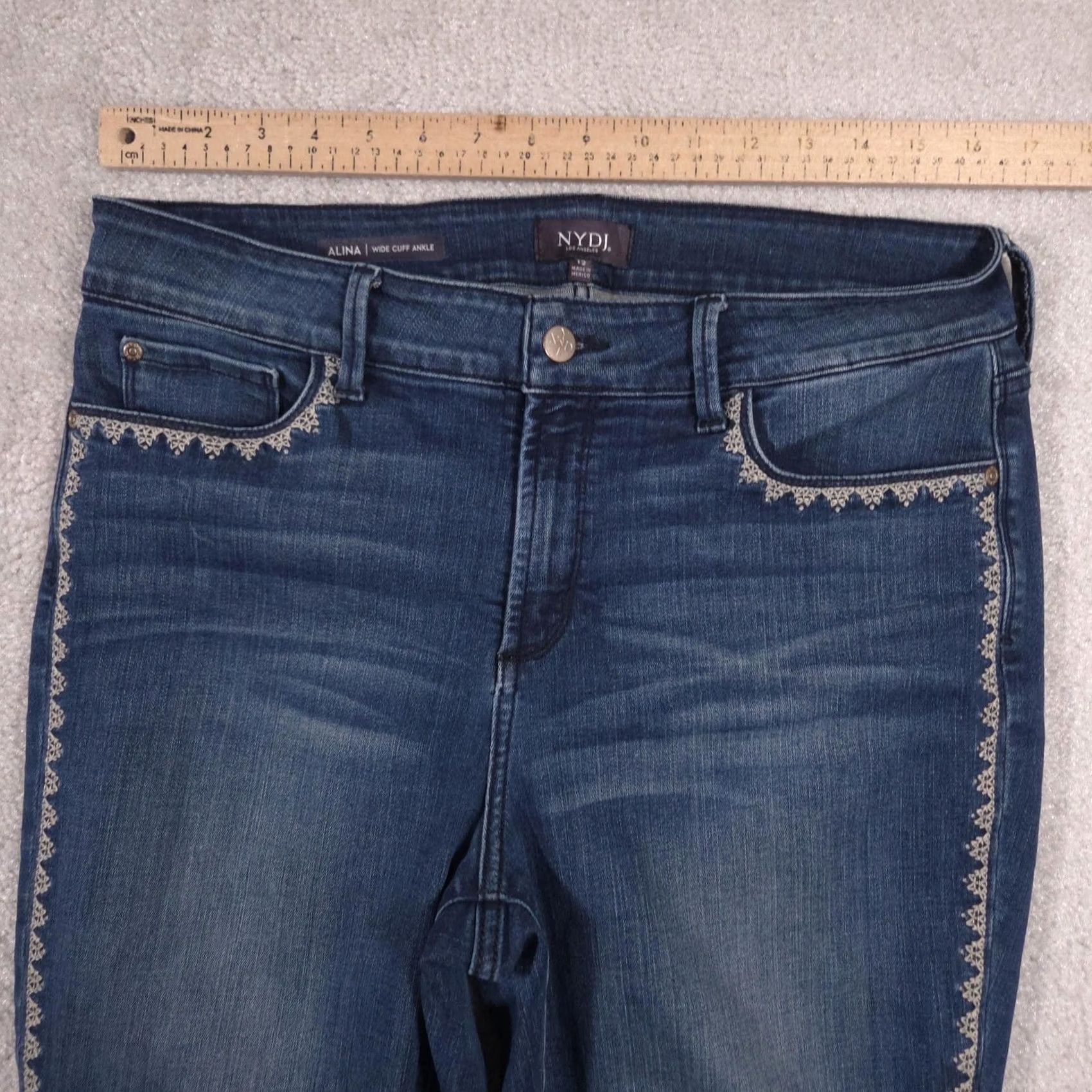 NYDJ NYDJ Alina Wide Cuff Ankle Jeans Womens 12 Blue Mid Rise Stretch Embroidered Size 34" / US 12 / IT 48 - 5 Thumbnail