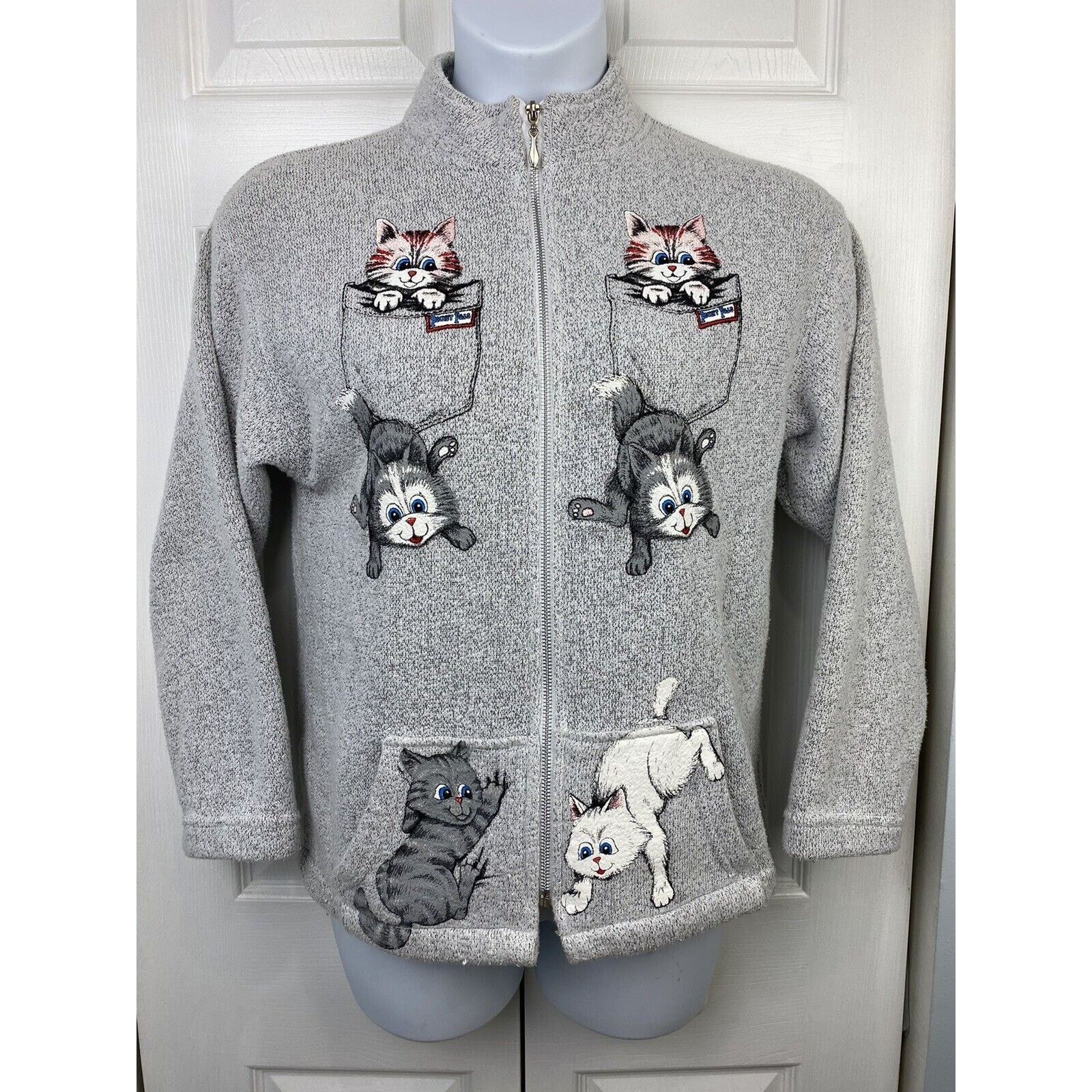 Other VTG ESY Sportswear Painted Cat Zip Sweater Grey Kitten Size S / US 4 / IT 40 - 1 Thumbnail
