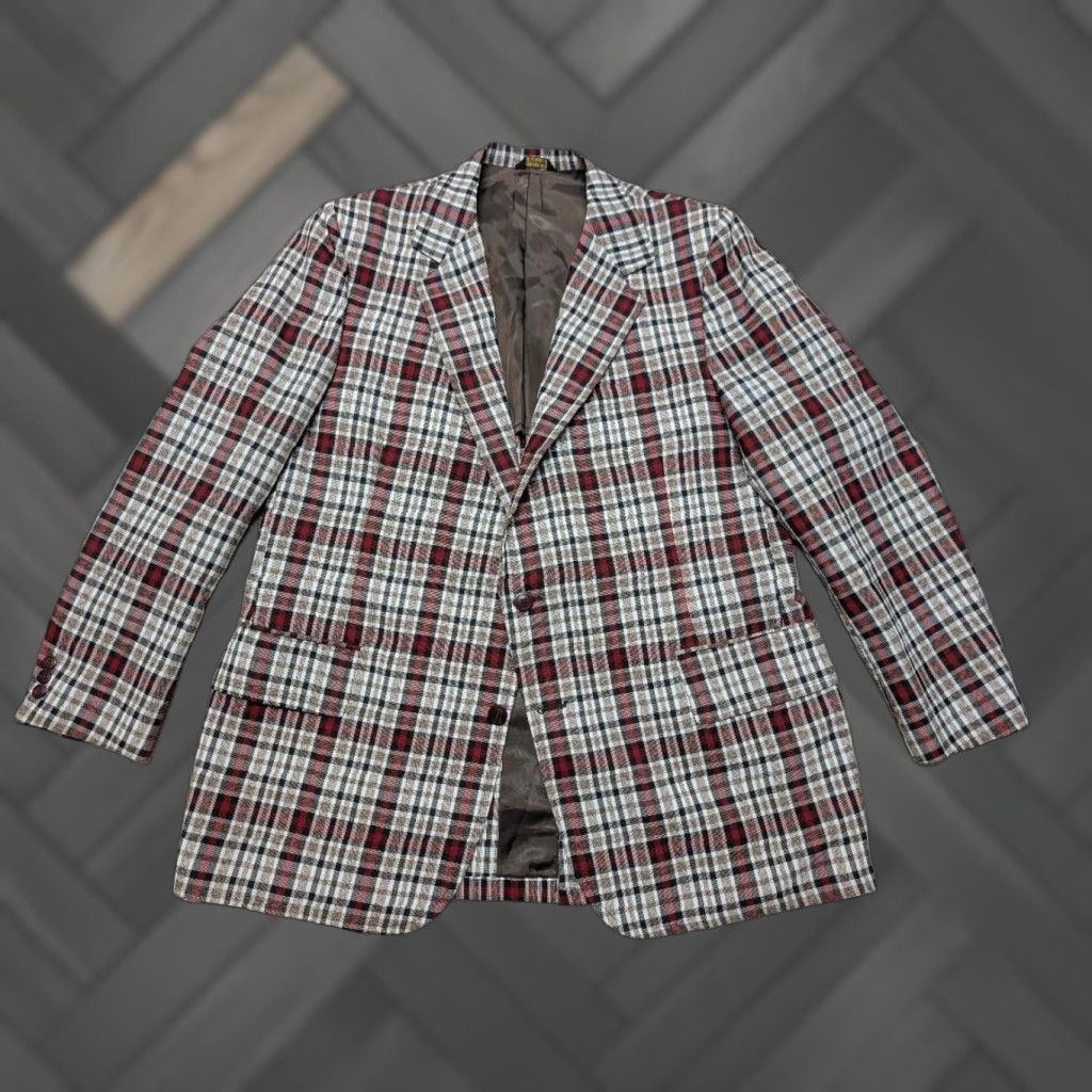 Vintage VINTAGE Matthew Reed blazer jacket Blazer Mens 46L Red Plaid Wool Polyester Tweed 1970s Sportscoat USA Made Size 46R - 1 Thumbnail
