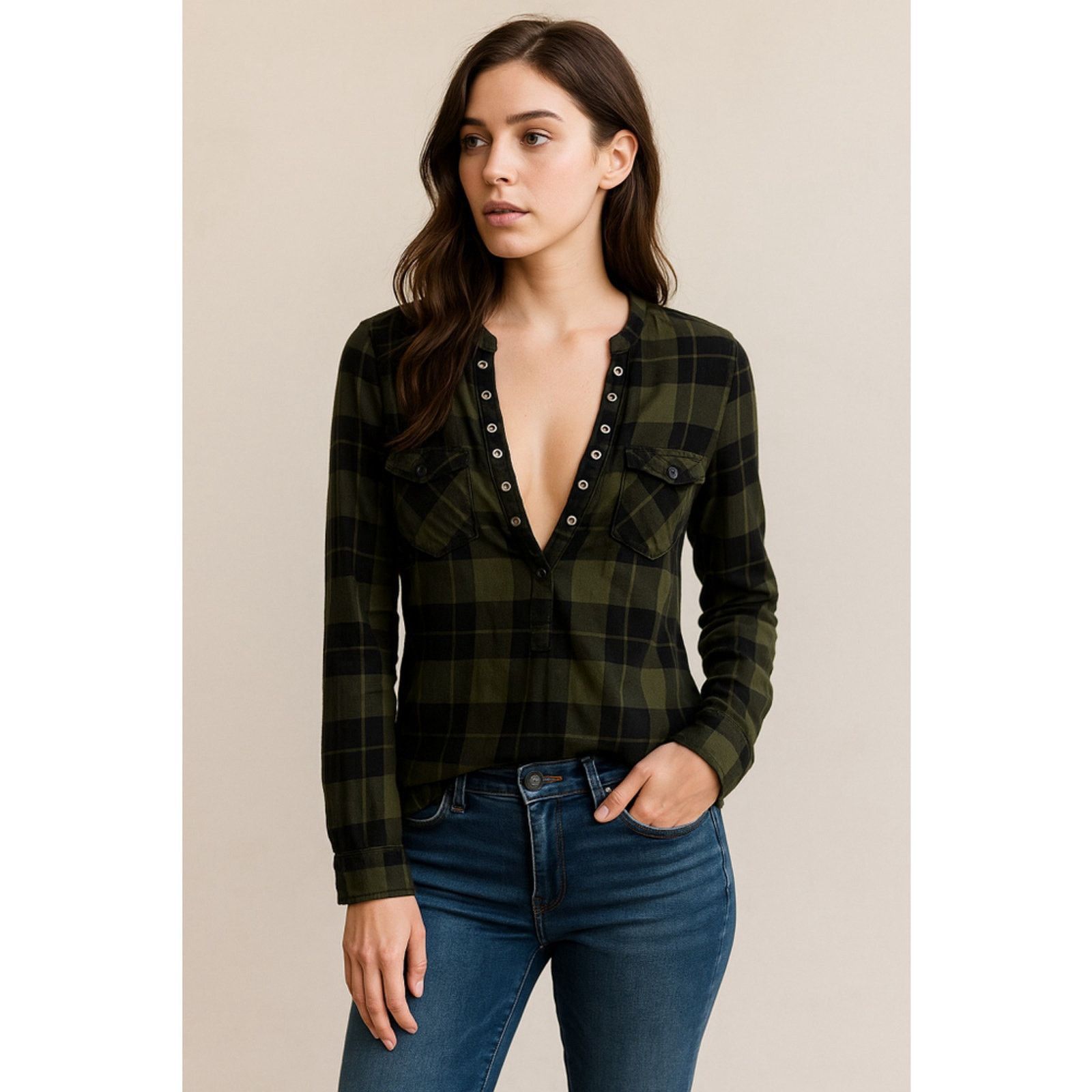 Express Grunge Deep V Plaid Long Sleeve Top Express XS Size XS / US 0-2 / IT 36-38 - 1 Thumbnail