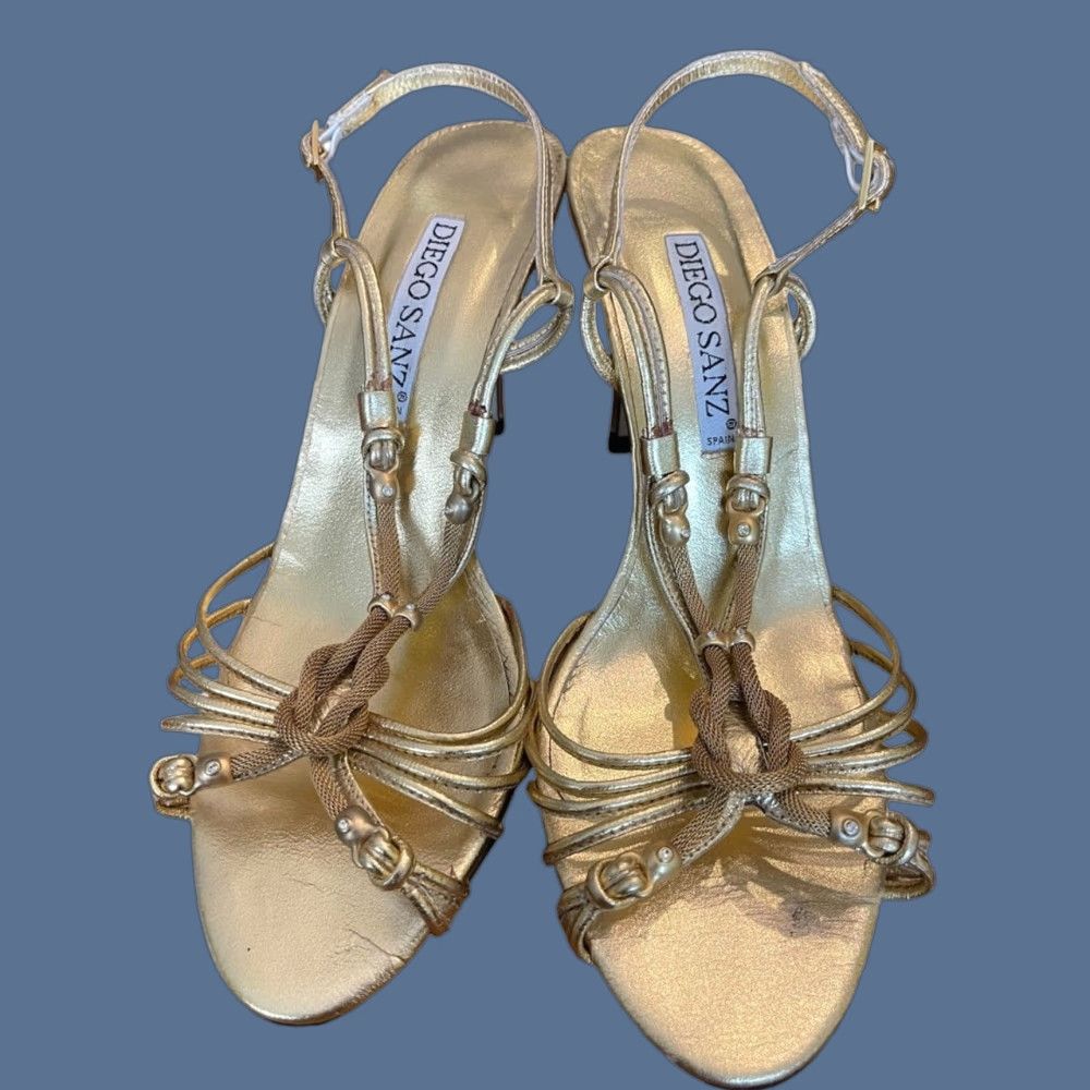 Vintage Diego Sanz Strappy Sandals Gold 7.5 Women 3.5 Inch Heel Shoes Size 7.5 Spain, Synthetic Upper Size US 8 / IT 38 - 1 Thumbnail