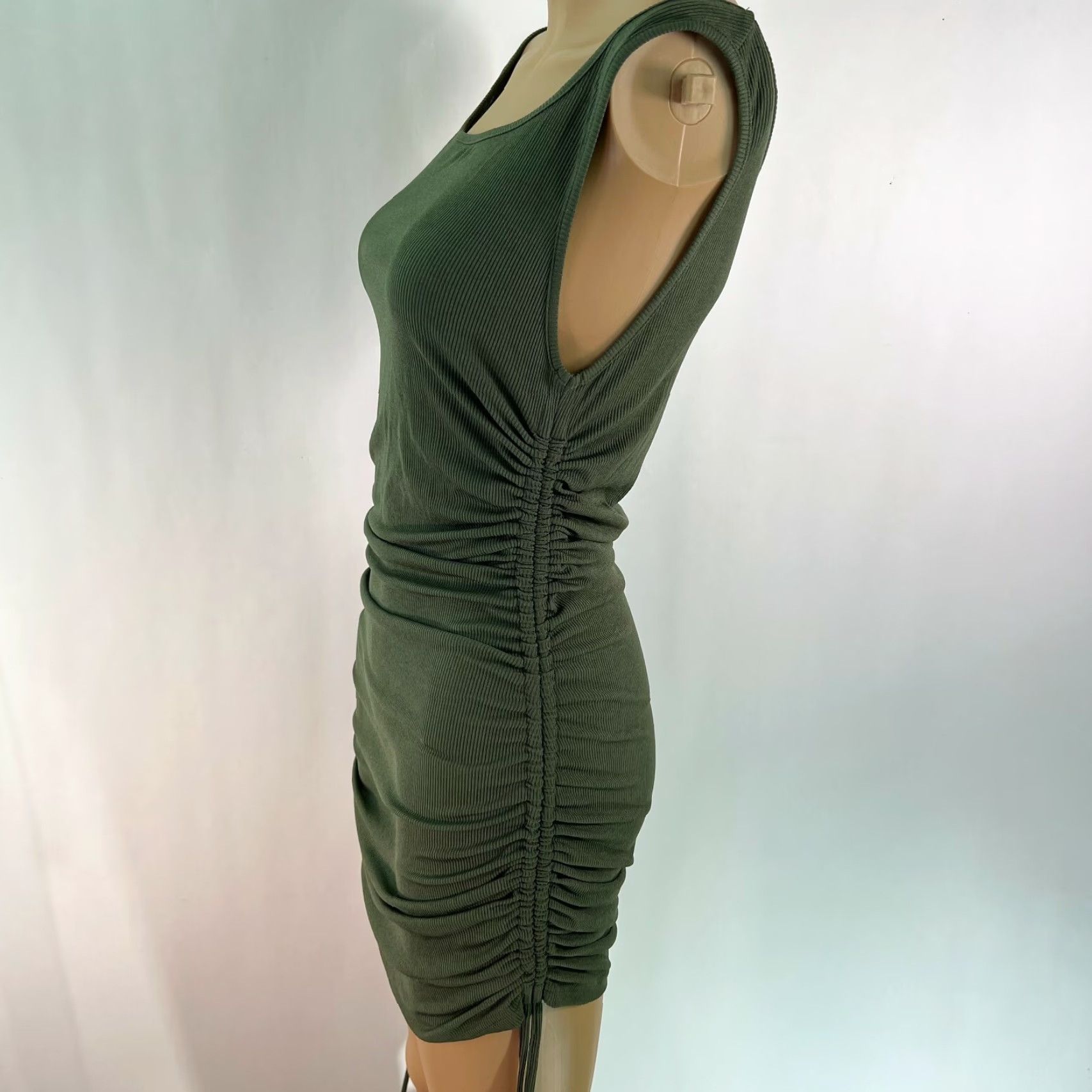 Vintage Womens Sleeveless Ruched Army Green Short Bodycon Dress M Square Neck Size 32" / US 10 / IT 46 - 5 Thumbnail