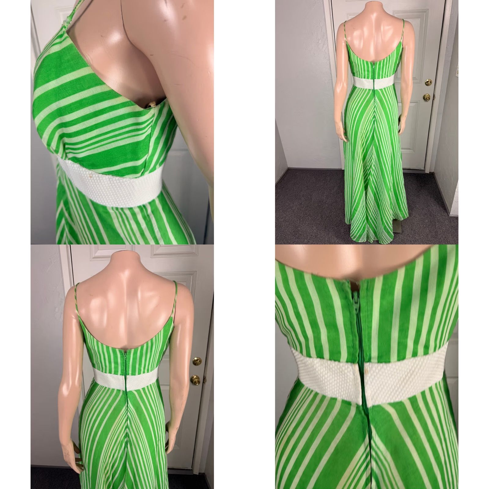 Vintage VINTAGE 1970s Women's Maxi Dress Cotton Polyester Green 10 S Striped V neck Party K3-21 Size S / US 4 / IT 40 - 8 Thumbnail