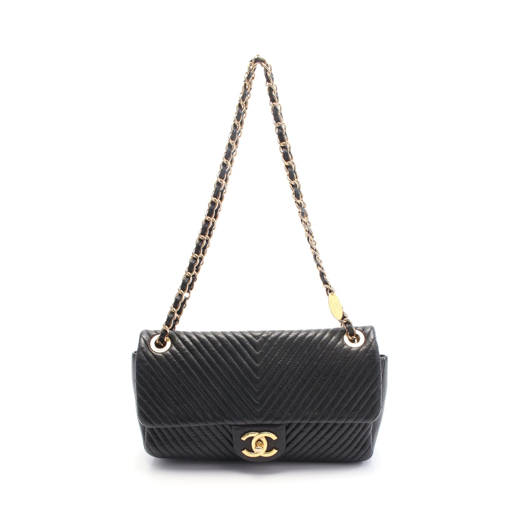 Chanel Chanel Chevron V-Stitch Double Flap Chain Shoulder Bag Leather Black Gold Hardware Size ONE SIZE - 1 Thumbnail
