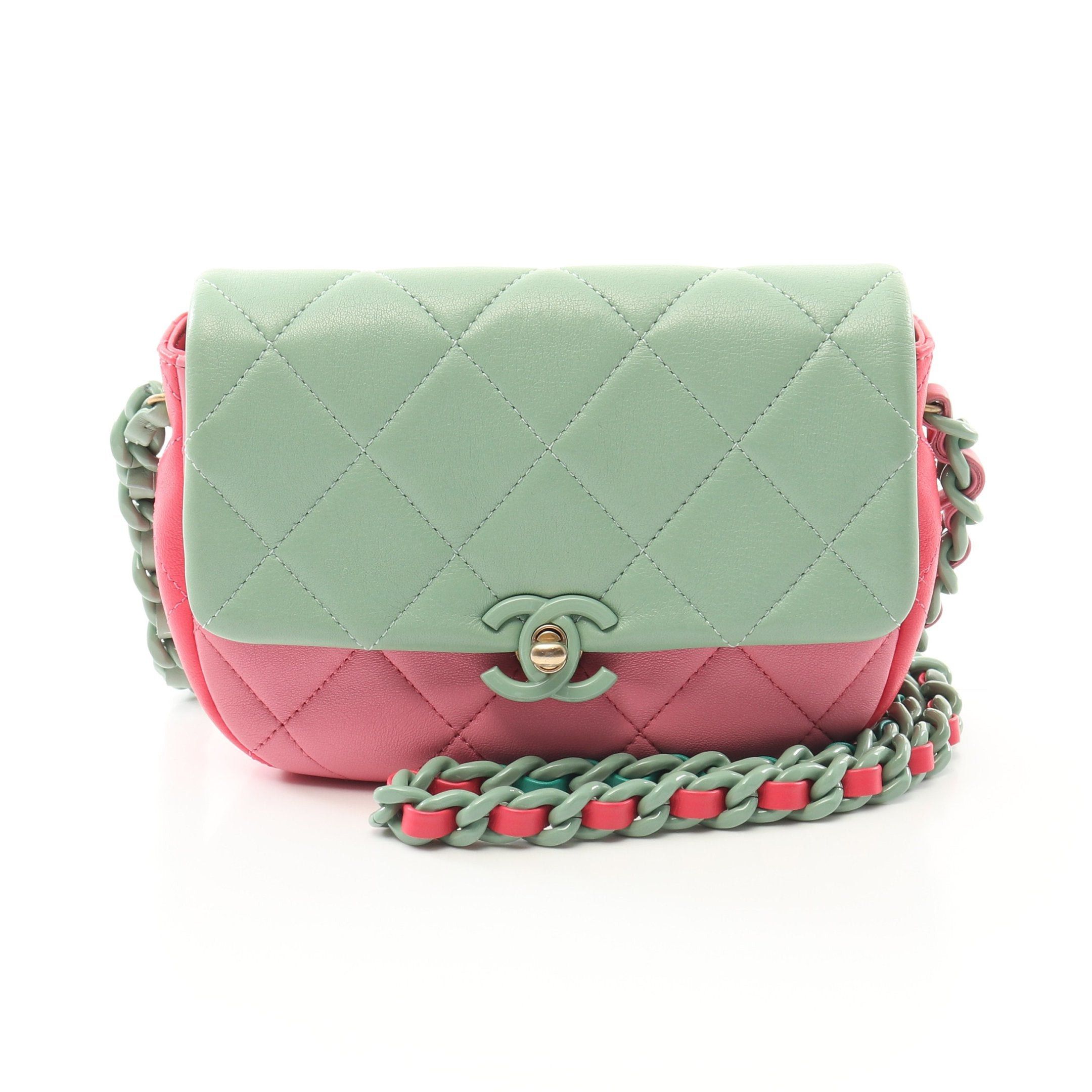 Chanel Matelasse Chain Shoulder Bag Leather Light Green Pink Multicolor Gold Hardware, Women's