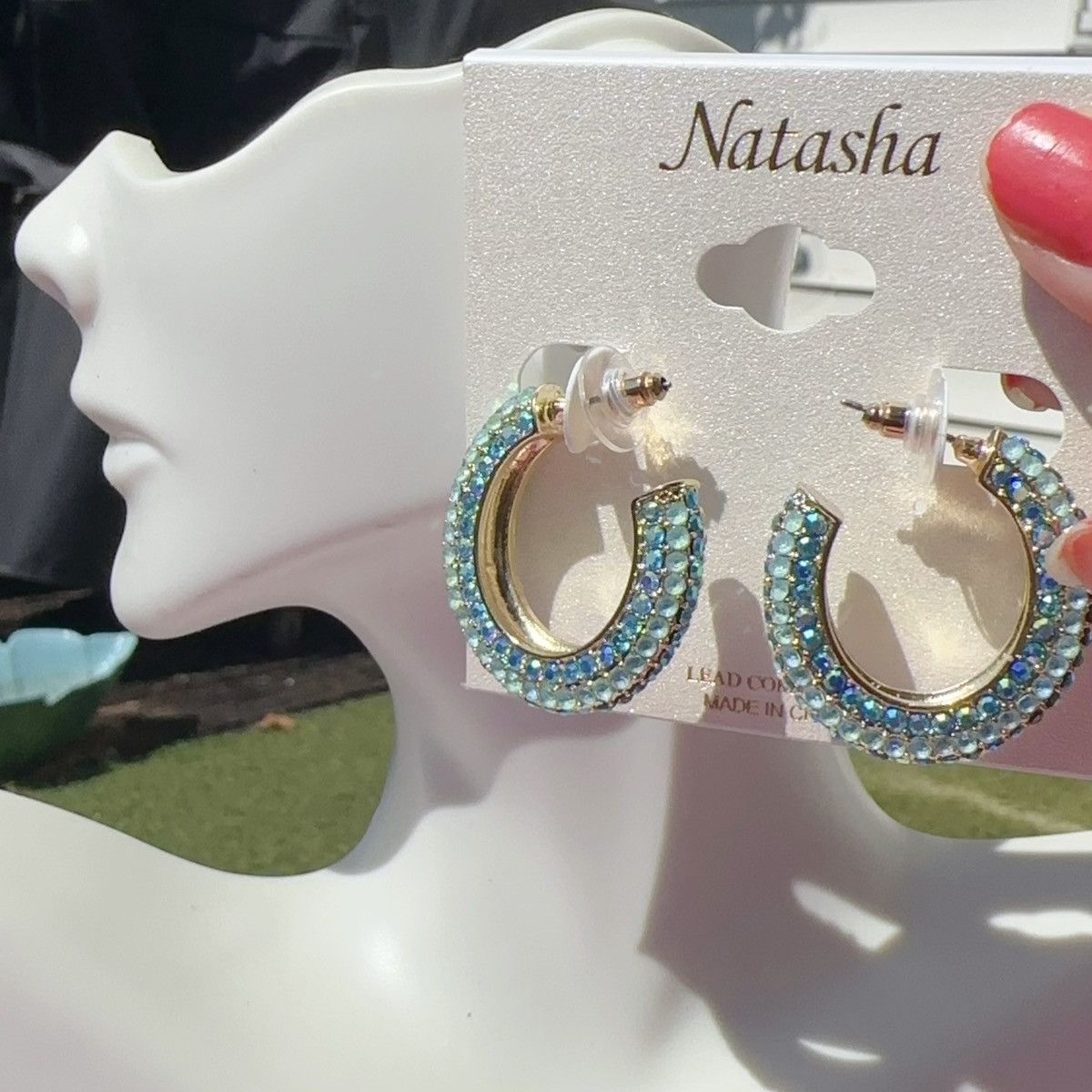 Designer Natasha gold tone Water Blue diamonds paved open loop circle Size ONE SIZE - 1 Thumbnail