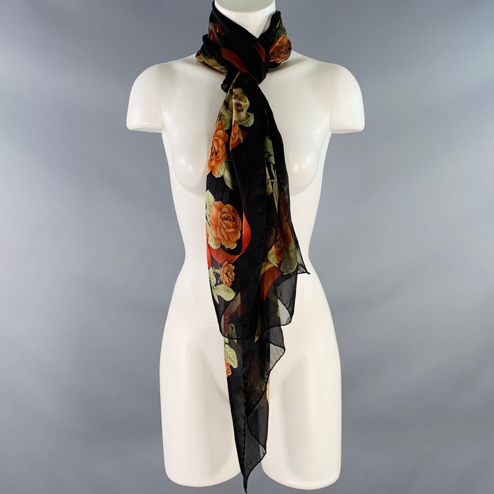 Salvatore Ferragamo SALVATORE FERRAGAMO Black Red Floral Silk Scarf Shawl Size ONE SIZE - 4 Thumbnail
