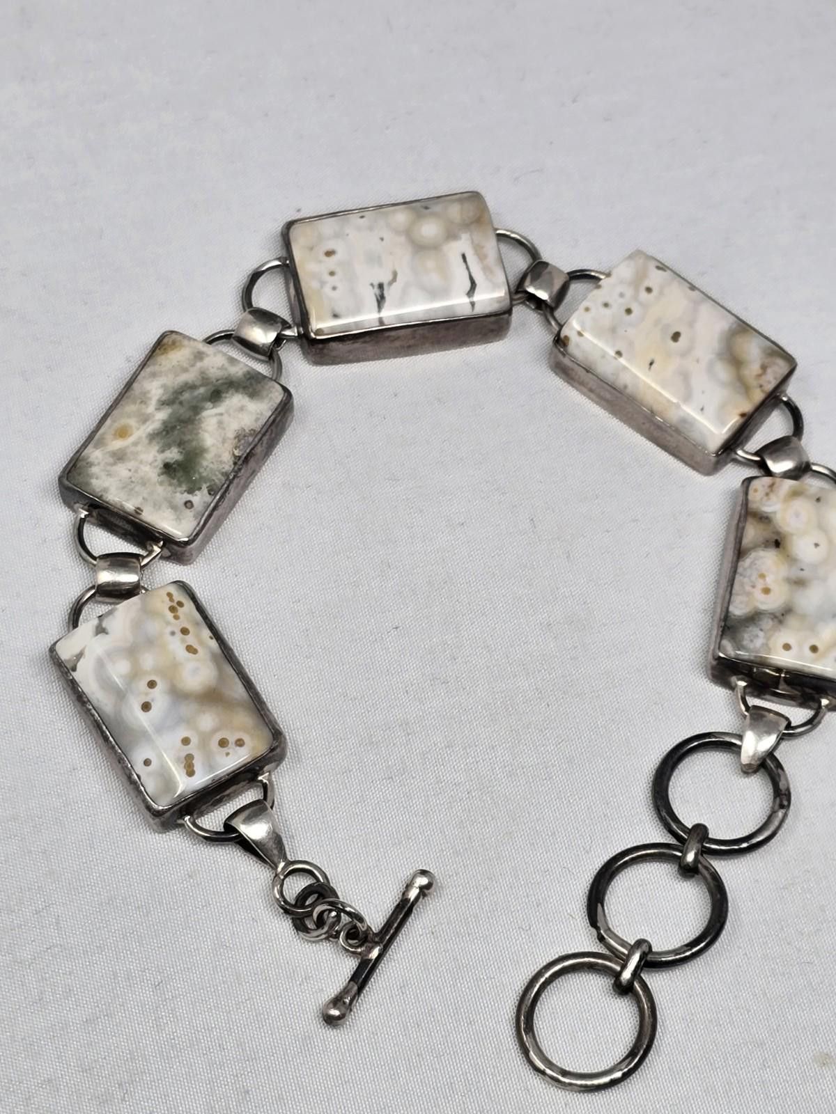​Vtg Sterling Silver Rare Ocean Orb Jasper Link Bracelet