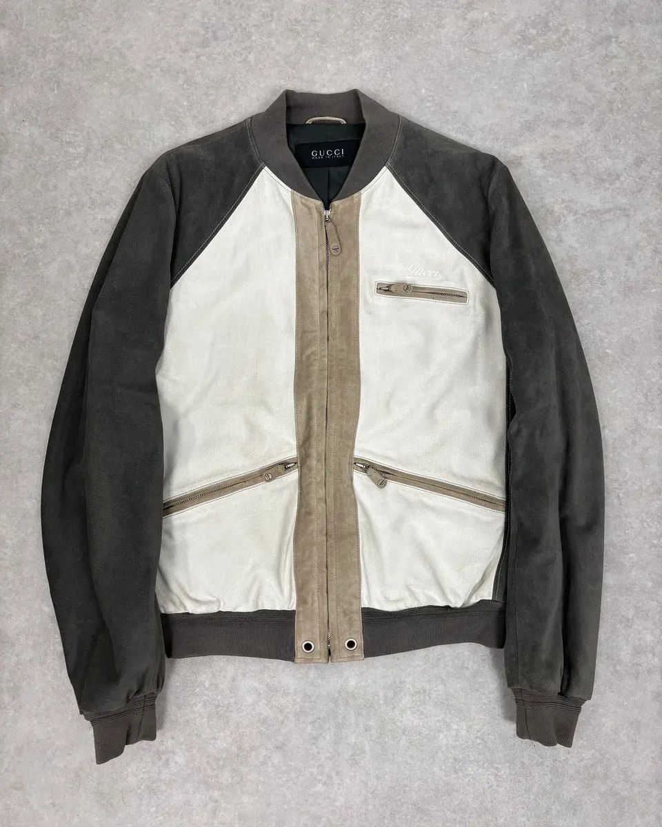 Gucci FW2005 Gucci White & Grey Suede Leather Bomber Jacket Size US M / EU 48-50 / 2 - 1 Thumbnail