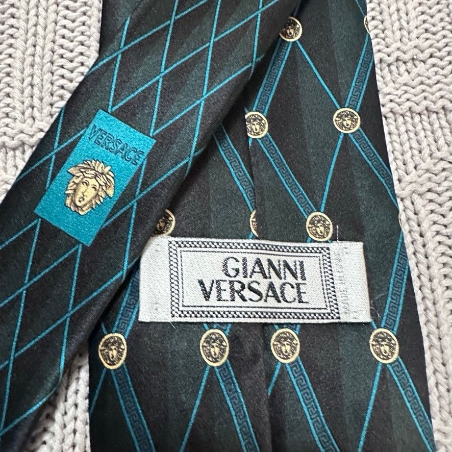 Versace Versace green and black medusa head plaid silk tie Size ONE SIZE - 3 Thumbnail