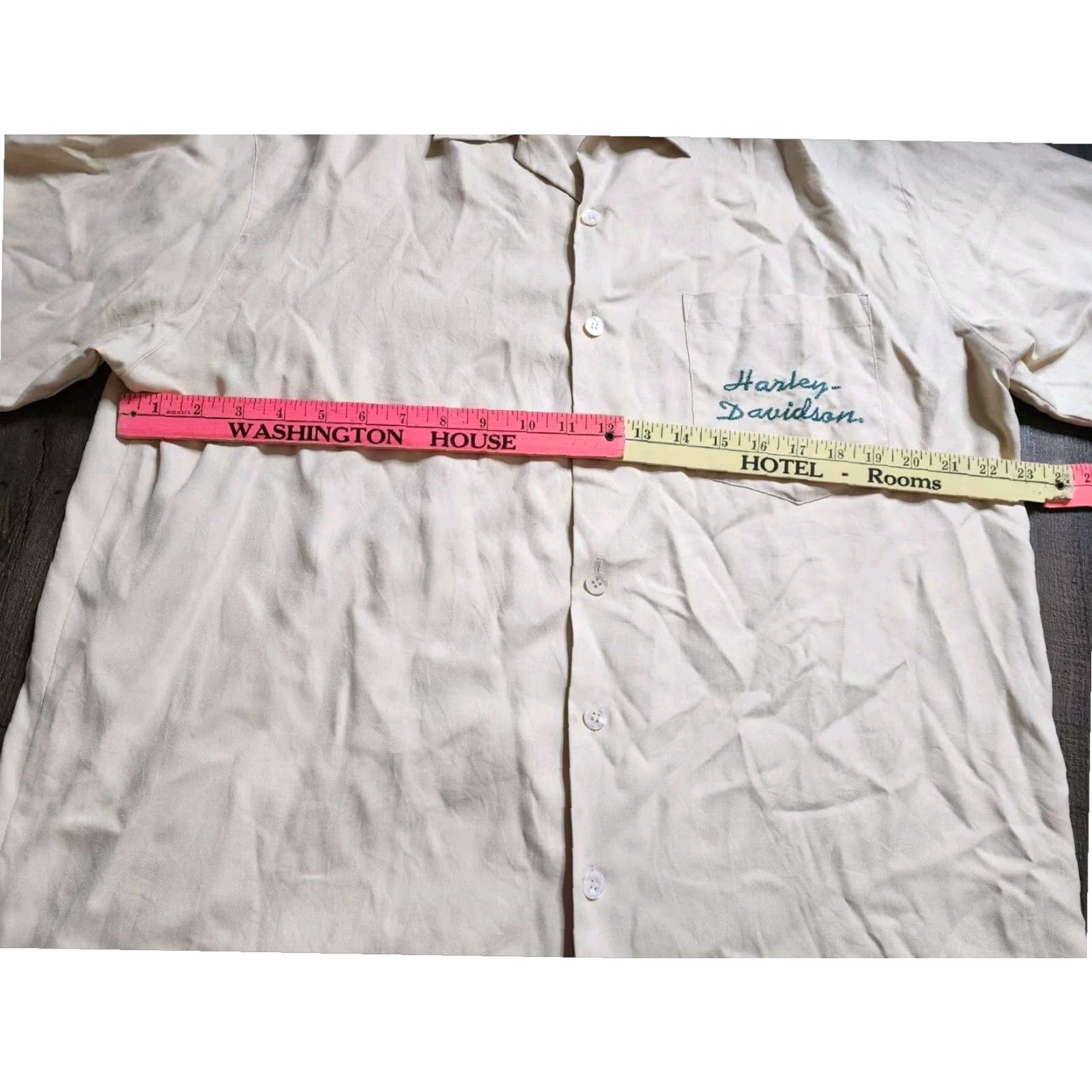 Harley Davidson Harley-Davidson Shirt Silk Adult XL Beige Embroidered Motorcycle Short Sleeve Button-Up Mens Size US XL / EU 56 / 4 - 3 Thumbnail