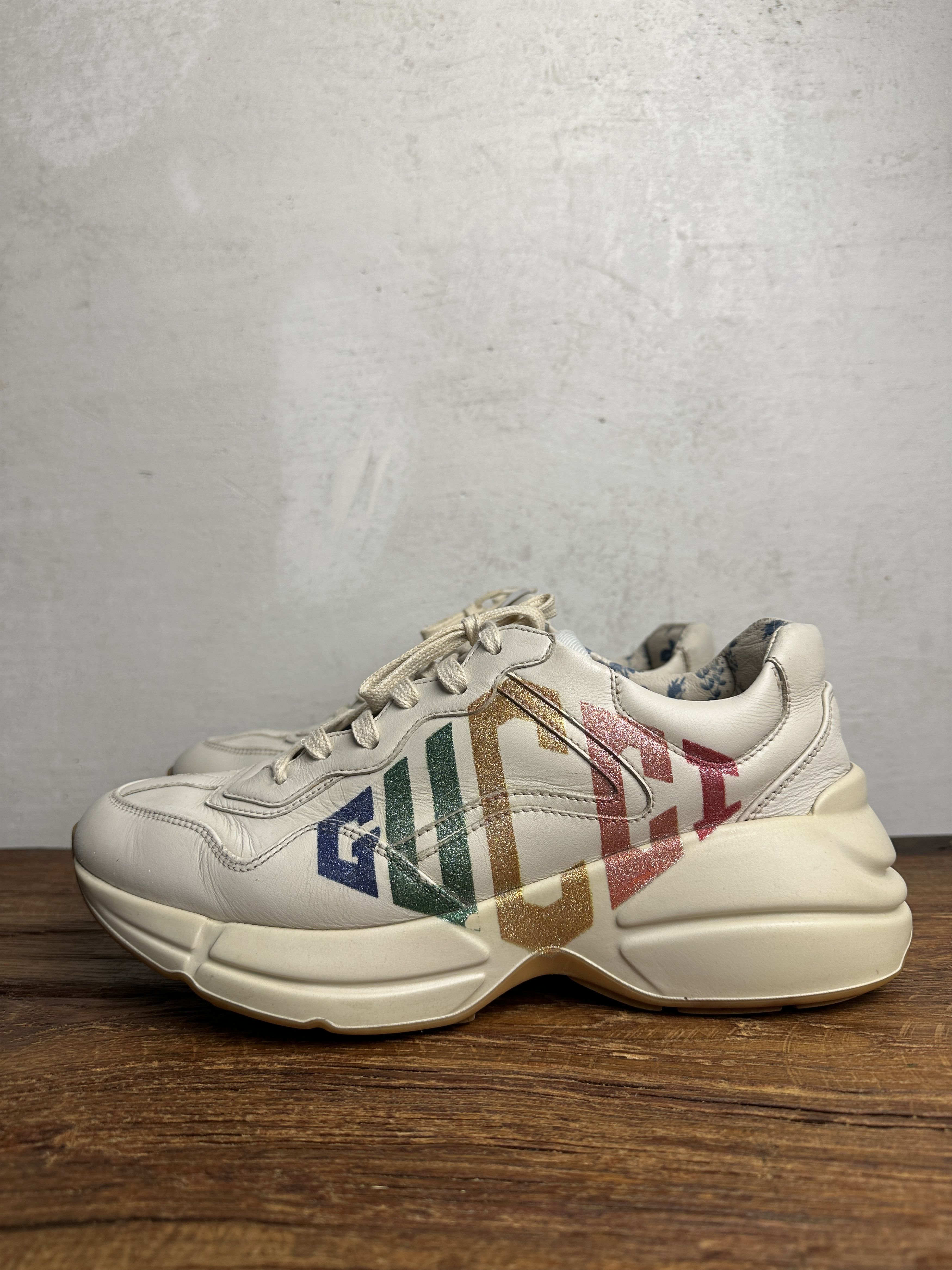 Gucci Beige Leather Glitter Rhyton Lace Up Sneakers