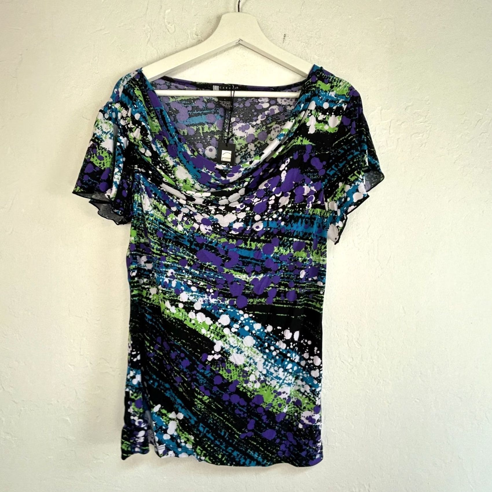 Vintage Carole Little Womens Abstract Print Short Sleeve Drape Neck Top Purple New Large Size L / US 10 / IT 46 - 2 Thumbnail