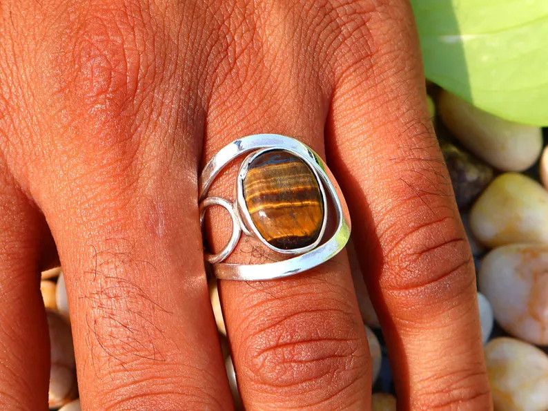 Handmade Tiger's Eye Ring, 925 Silver Ring, Handmade Oval Gemstone, Size ONE SIZE - 7 Thumbnail
