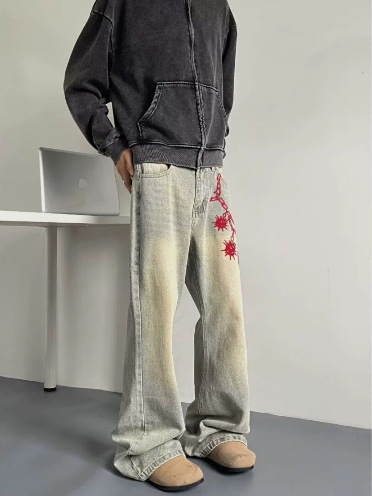 Jean Retro distressed hiphop straight embroidered flared jeans Size US 32 / EU 48 - 2 Thumbnail