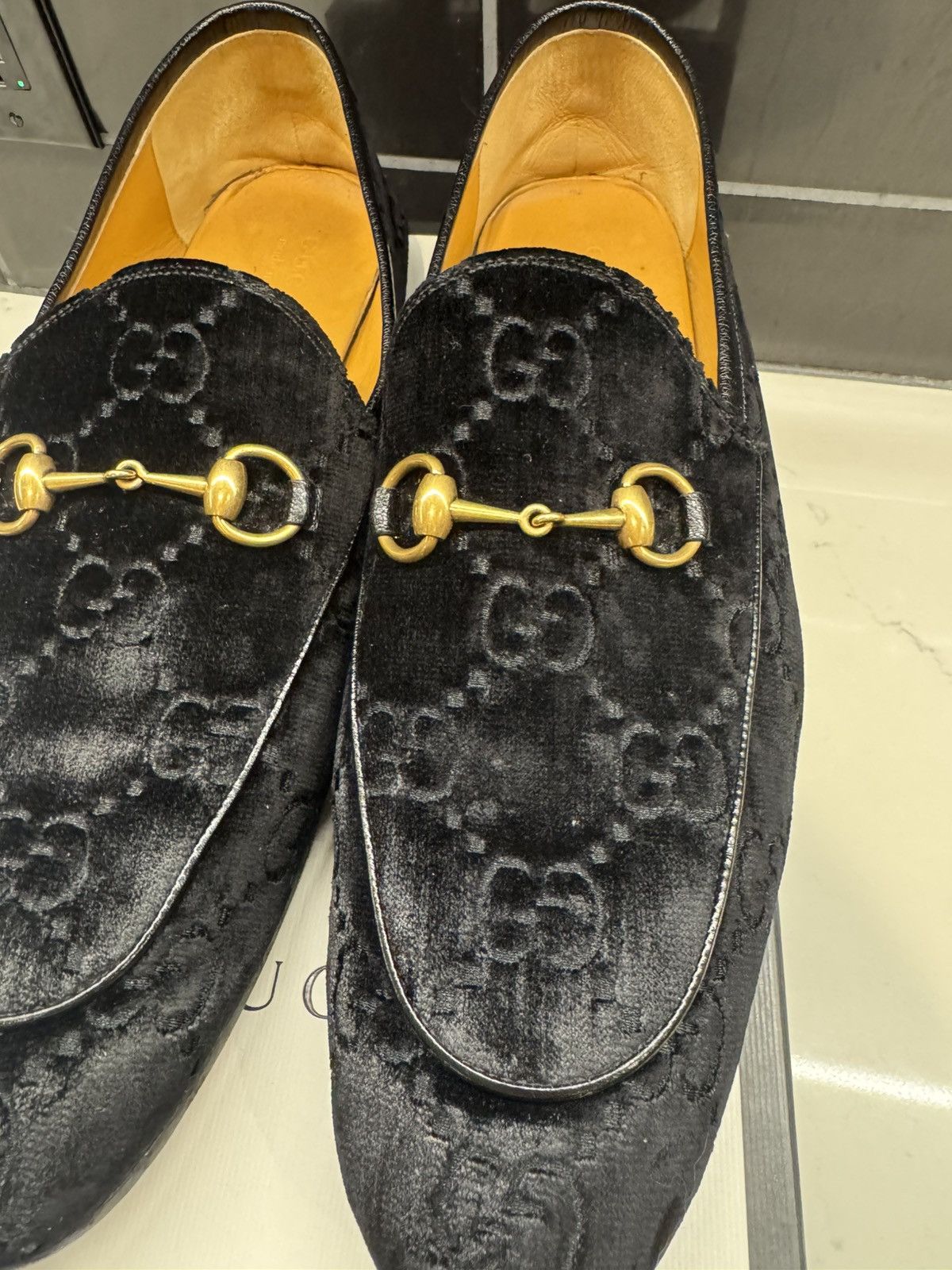 Gucci Gucci JordaanGG Velvet Loafers Black Monogram Gold Horsebit Size US 13 / EU 46 - 8 Thumbnail