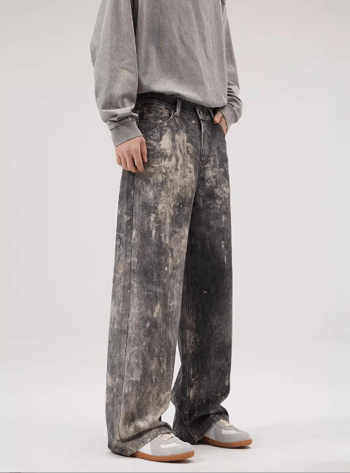 Japanese Brand × Jean Ink-splashed black American men's loose straight baggy jeans Size US 34 / EU 50 - 2 Thumbnail