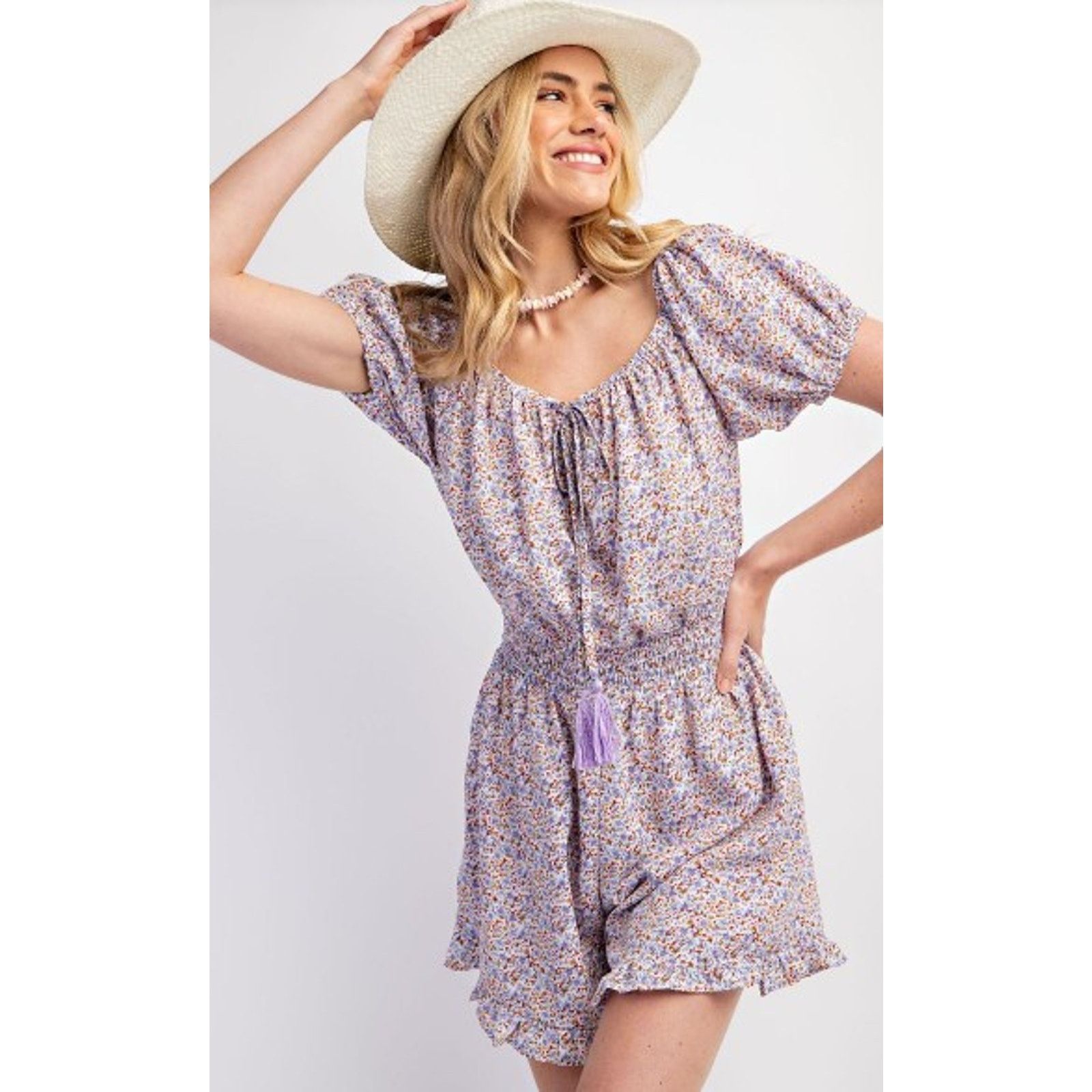 Other Easel EB50359 Med Printed Wool Ruffle Romper - Lilac Blue Size 30" / US 8 / IT 44 - 3 Thumbnail