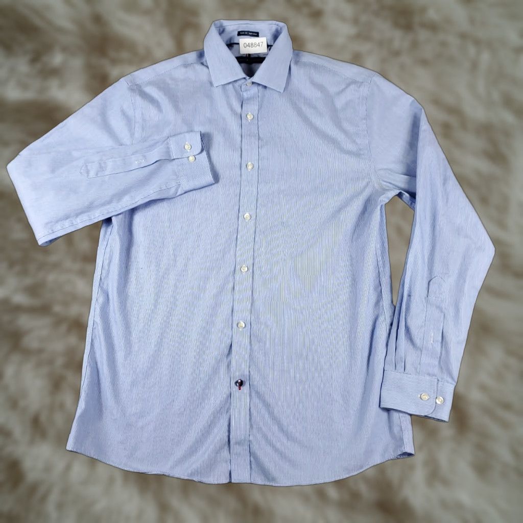 Tommy Hilfiger Tommy Hilfiger Shirt Dress Shirt Mens 15.5 Blue Striped Button Up Long Sleeve Cotton American Preppy Wedding Size 40R - 1 Thumbnail