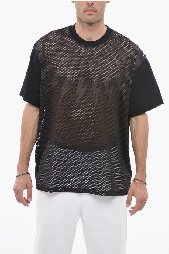 image of Neil Barrett Perforated Fairisle Thunderbolt Crew-Neck T-Shirt in Nero/Grigio, Men's (Size 2XL)