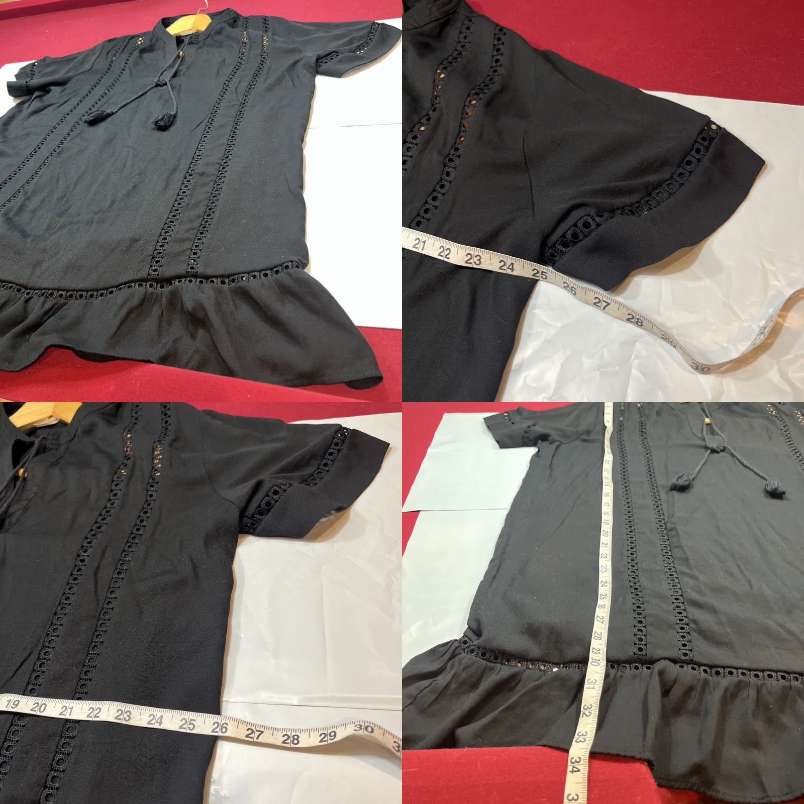 Vintage Time And Tru BLACK DRESS Cover Up V Neck Tie Tassel Ruffle Hem Cut Outs 1X 16-18 Size XL / US 12-14 / IT 48-50 - 8 Thumbnail