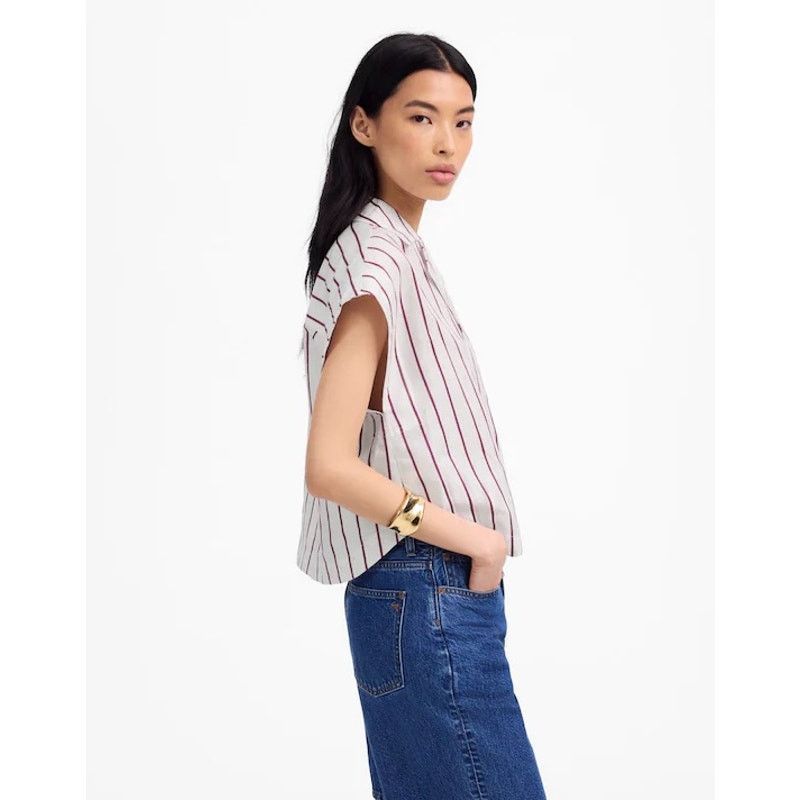 Madewell NWT Madewell Collar Shirt in Linen-Cotton Dark Rose Stripe L Size L / US 10 / IT 46 - 2 Thumbnail