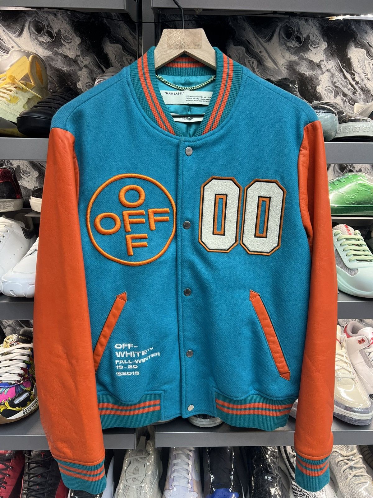 Off-White Off-White Leather Varsity Teal/Orange Jacket Size US M / EU 48-50 / 2 - 1 Thumbnail