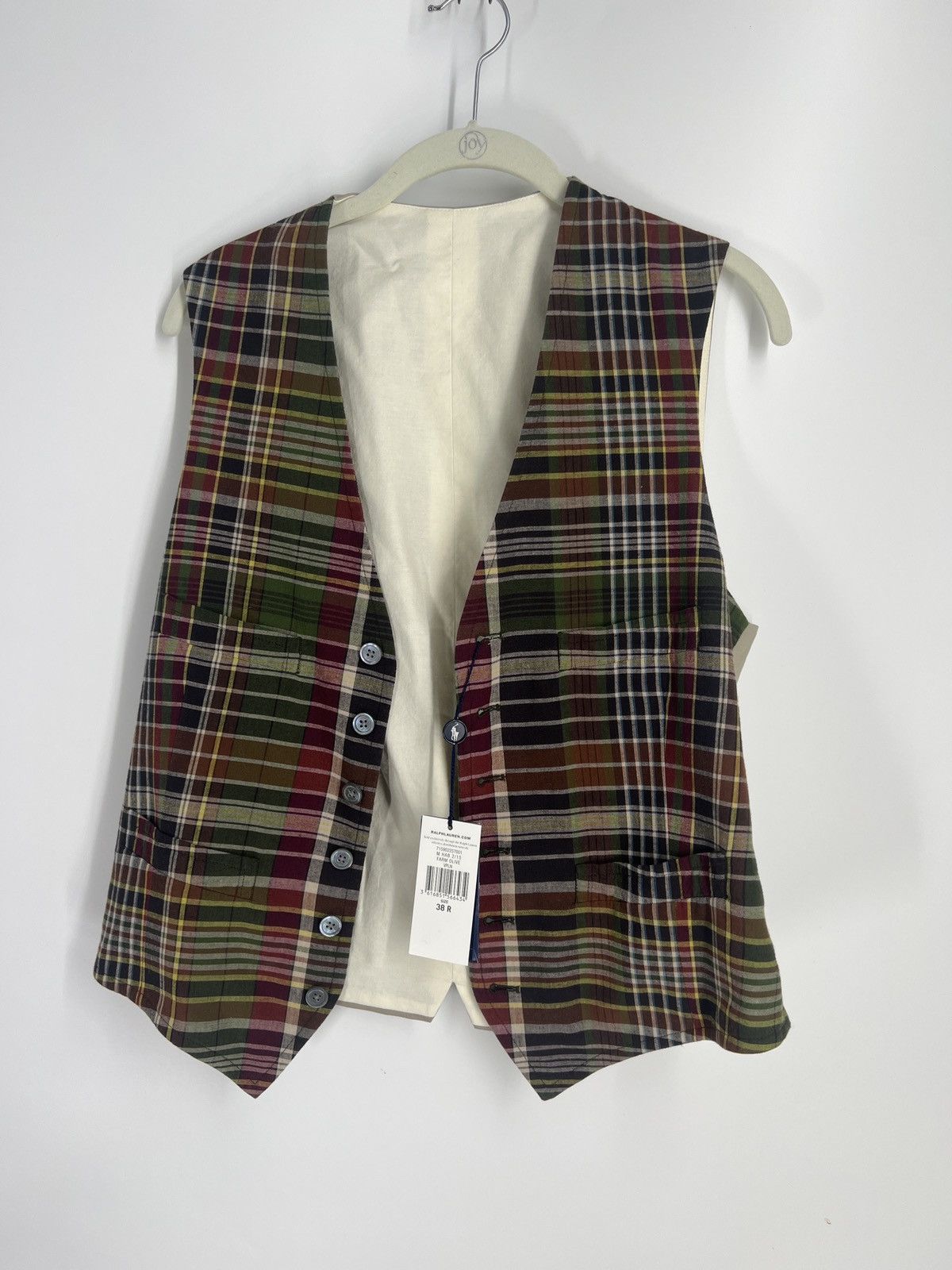 image of Polo Ralph Laurent Plaid-Pattern V-Neck Waistcoat - Green in Checkered, Men's (Size 38R)