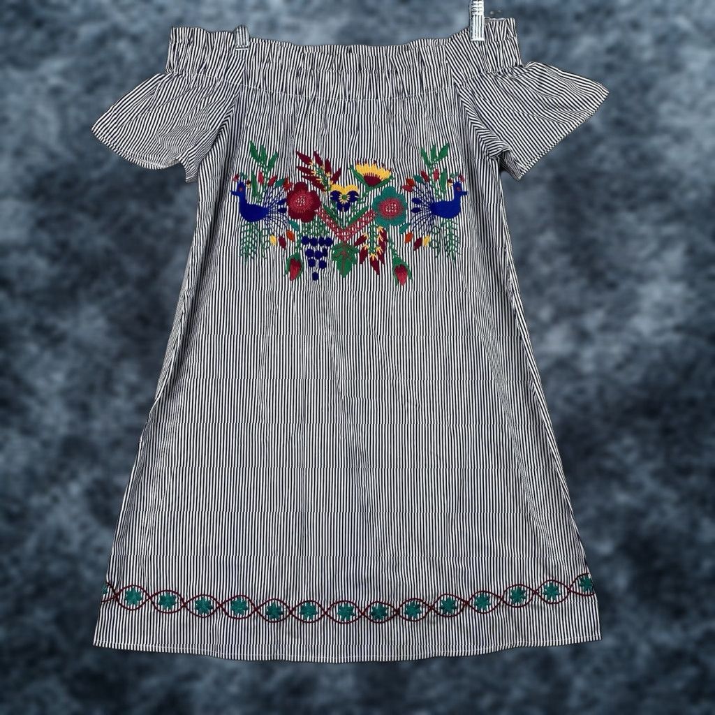 Vintage Judith March Dress S Blue Stripe Embroidered Peasant Off Shoulder Knee Length Boho Floral 100% Cotton Size S / US 4 / IT 40 - 1 Thumbnail