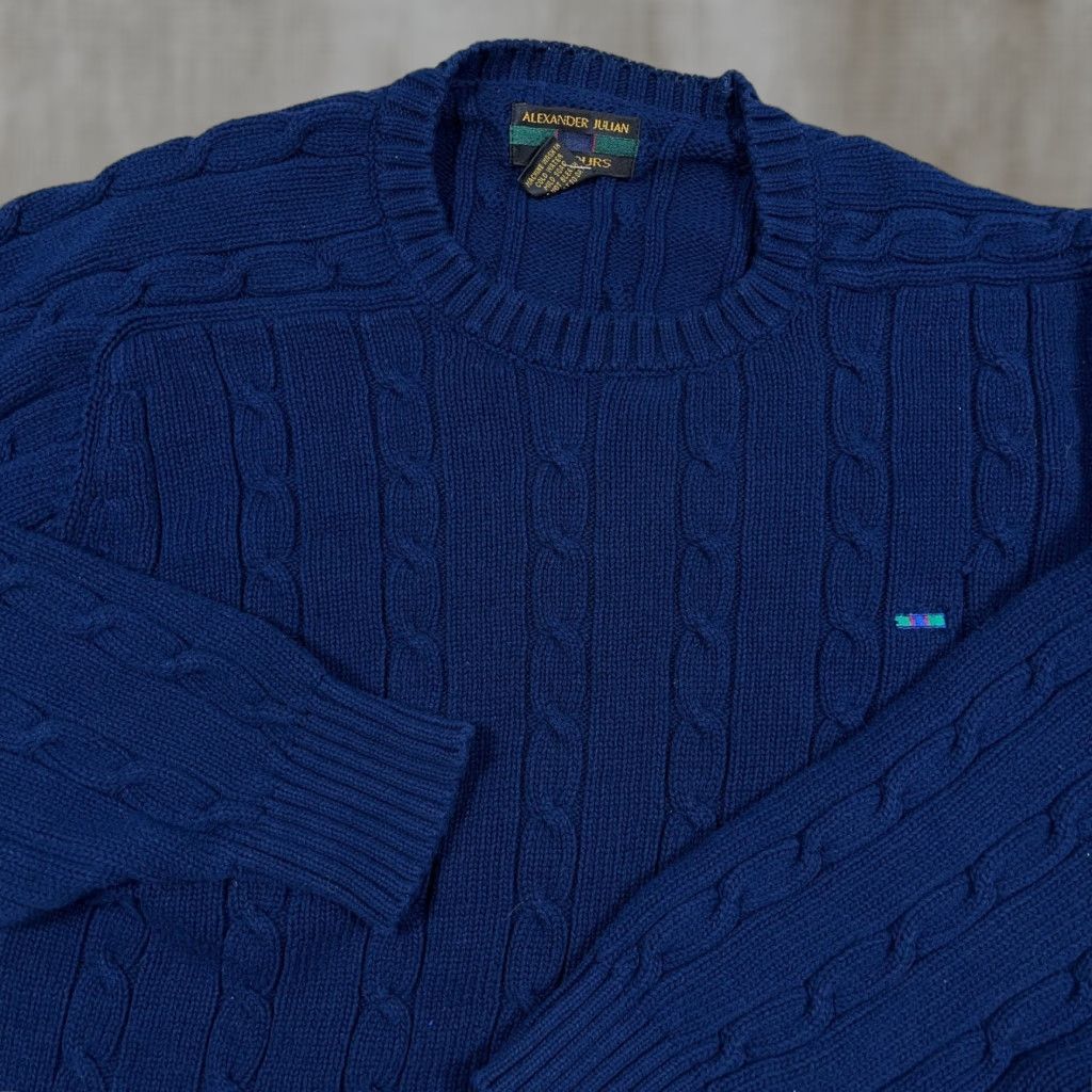 Alexander Julian VINTAGE Alexander Julian Grandpa Sweater Men L Navy Blue Cable Knit Crewneck Rib Pullover 90s Classic Seasonal All Seasons Casual Workwear Mens Size US L / EU 52-54 / 3 - 1 Thumbnail