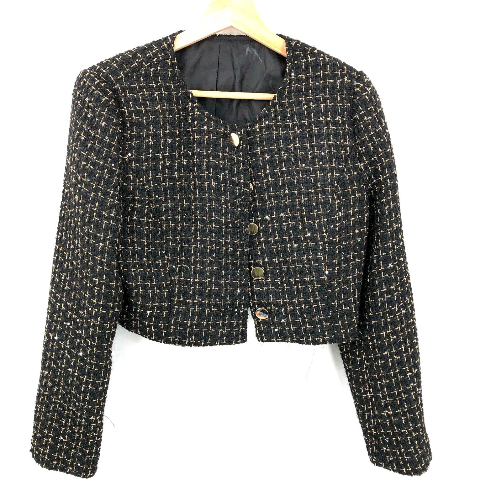image of Vintage New Commense Cropped Blazer Jacket Sequin Gold Buttons Black Plaid Evening L in White, Wome