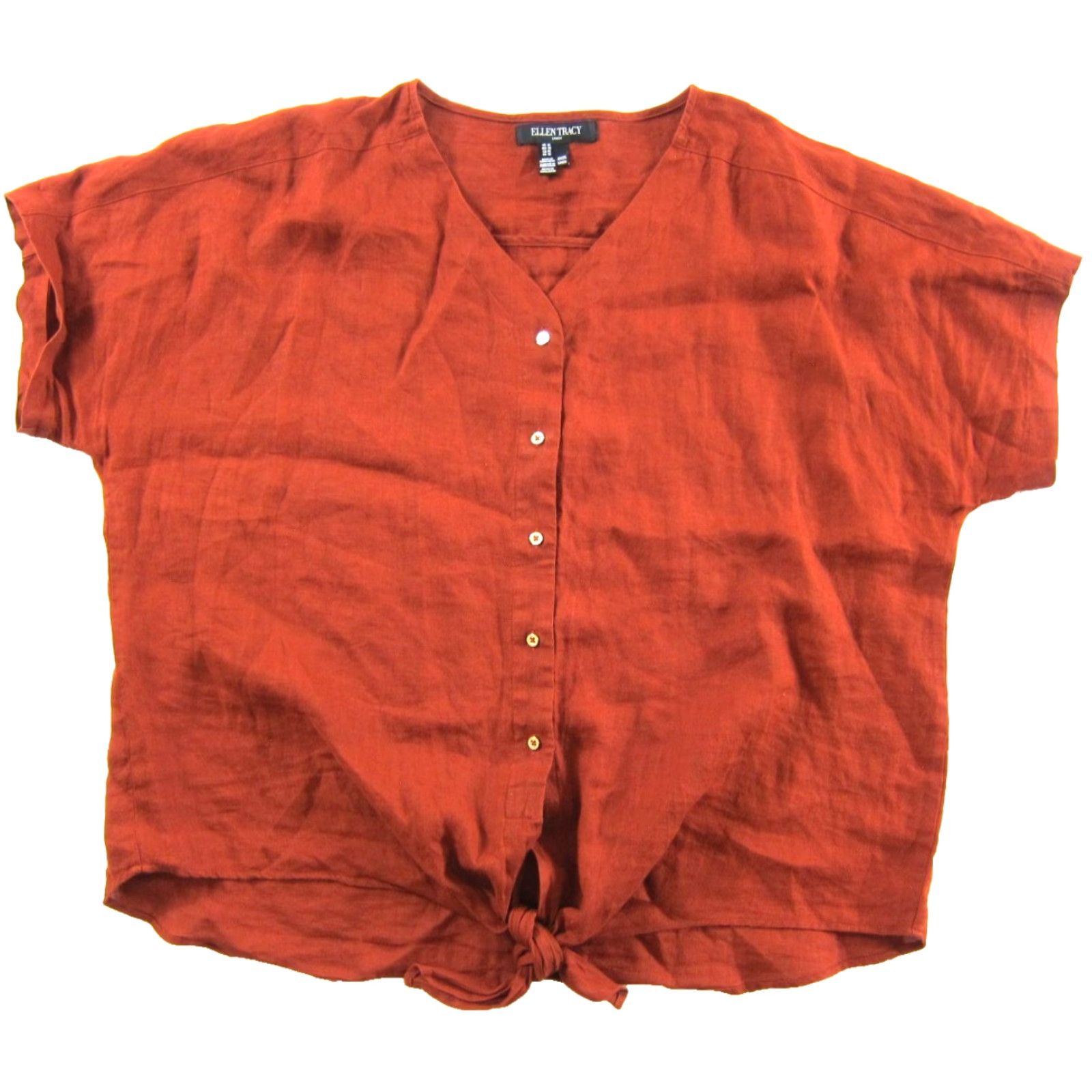 Ellen Tracy Ellen Tracy Blouse 100% Linen Orange Short Sleeve Button Down Tie Front 1X Size XL / US 12-14 / IT 48-50 - 2 Thumbnail