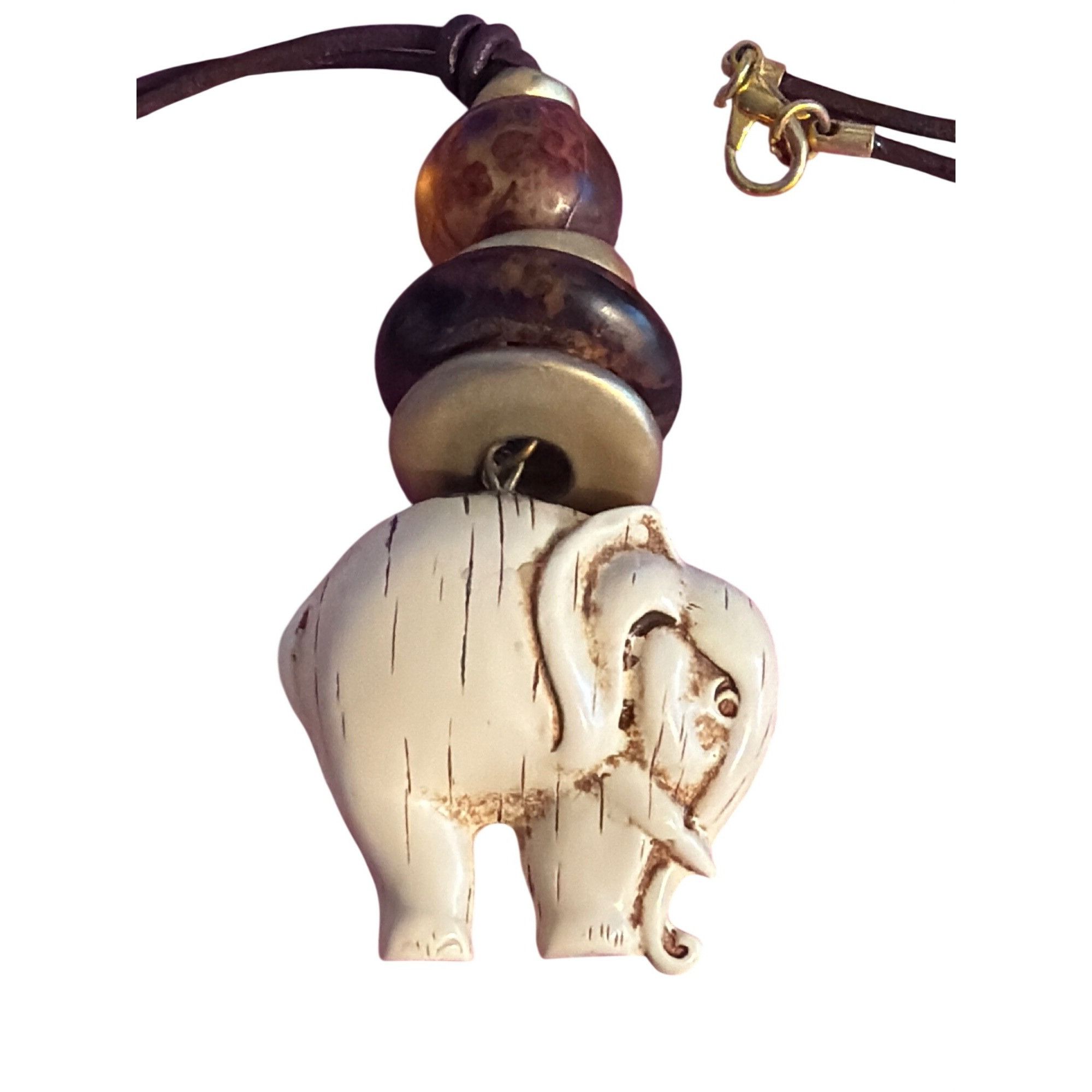 Other Vintage Elephant Pendant Necklace Leather Cord Beads Gold To Size ONE SIZE - 2 Thumbnail