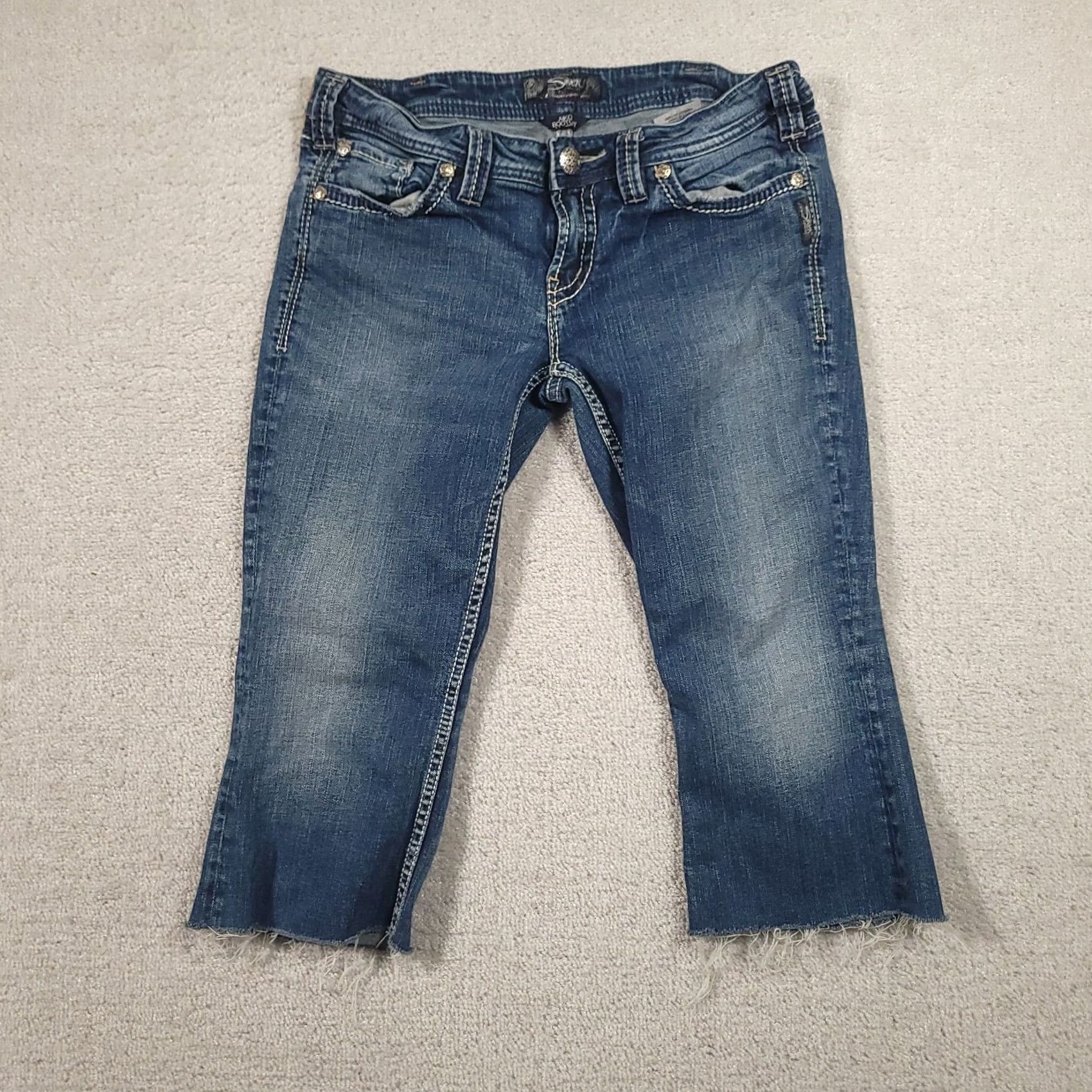 Silver Jeans Co. VINTAGE Silver Capri Womens 32 Blue Aiko Cut Off Jean Denim Distressed 18" Inseam Size 24" / US 00 / IT 34 - 2 Thumbnail
