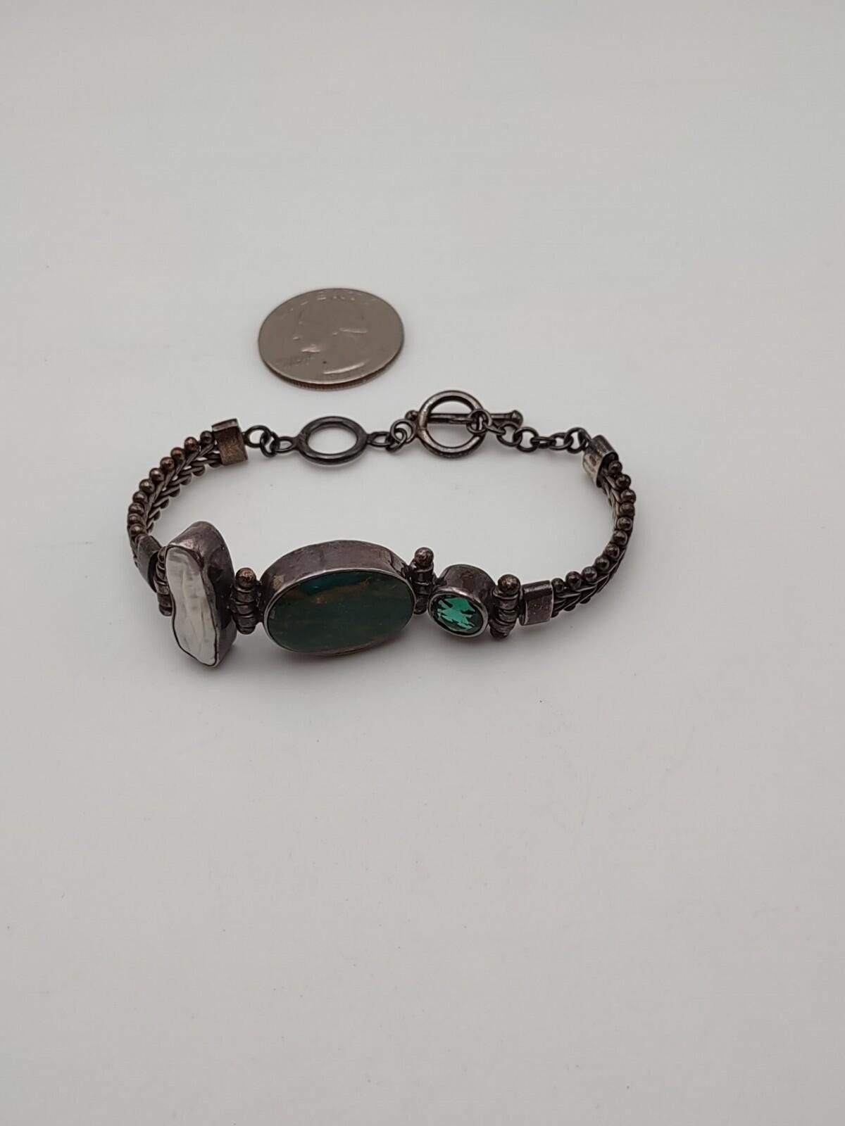 The Unbranded Brand Vintage Artisan Sterling Multi-Gemstone Toggle Bracelet 925 Size ONE SIZE - 3 Thumbnail