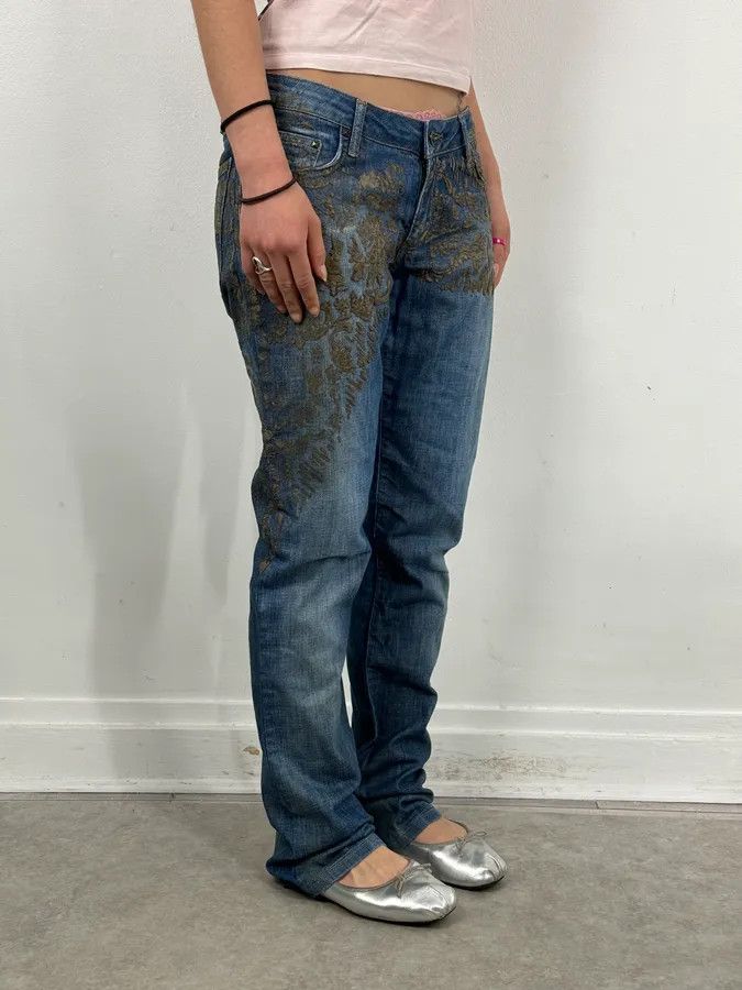 Just Cavalli SS2007 Cavalli Baroque Gold Pattern Blue Denim Jeans Size 26" / US 2 / IT 38 - 2 Thumbnail