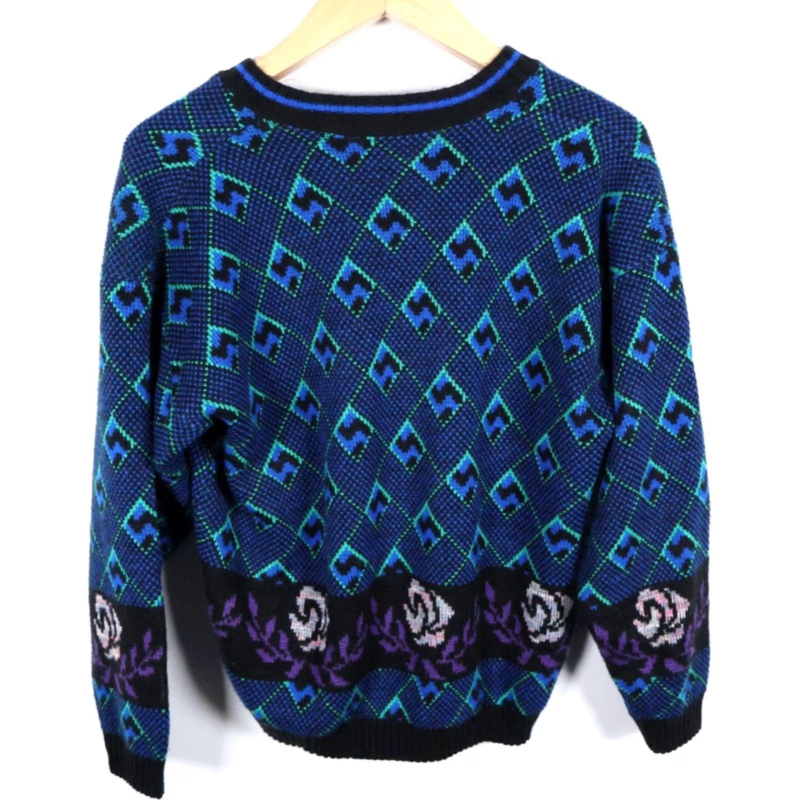 Vintage VINTAGE Nan Dorsey Sweater Women's XL Blue Purple Floral Diamond Deep V-Neck Knit Size XL / US 12-14 / IT 48-50 - 2 Thumbnail