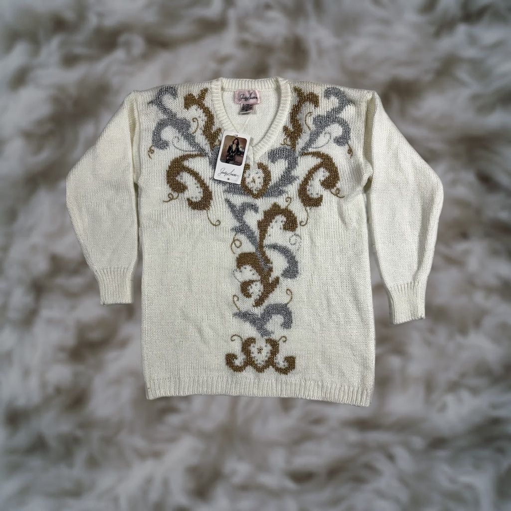 Vintage VINTAGE Jaclyn Smith Sweater Shirt Womens M White Beaded Embroidered 90s 80s Pullover V-Neck Size M / US 6-8 / IT 42-44 - 1 Thumbnail