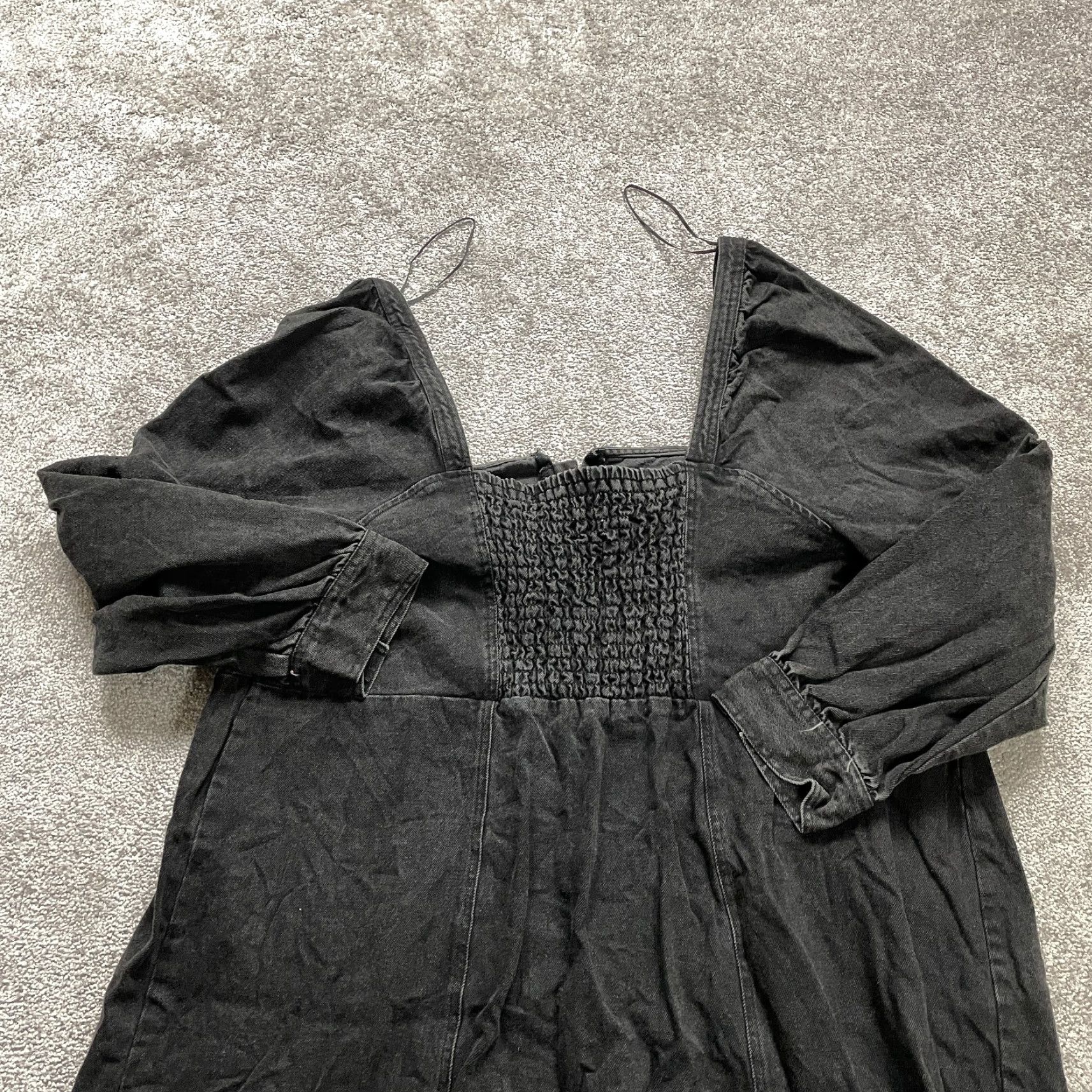 Denime Kahlana Barfield Brown Denim Shift Dress Womens 24W-26W Black Full Zip Smocked Midi Puff Sleeve Size 4XL / US 24-26 - 3 Thumbnail