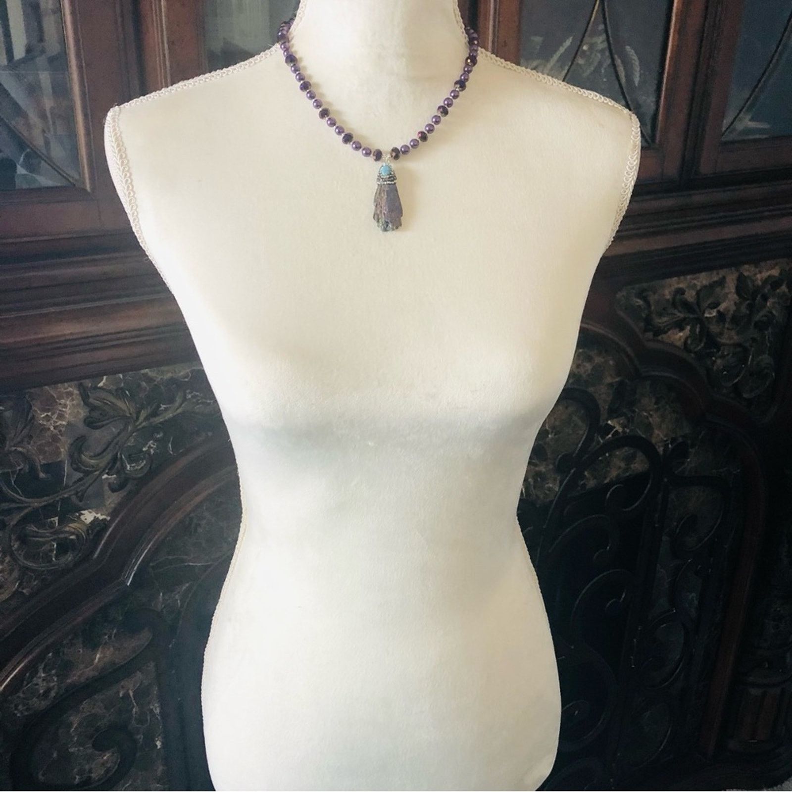 Handcrafted peacock tail tourmaline turquoise Pearl necklace