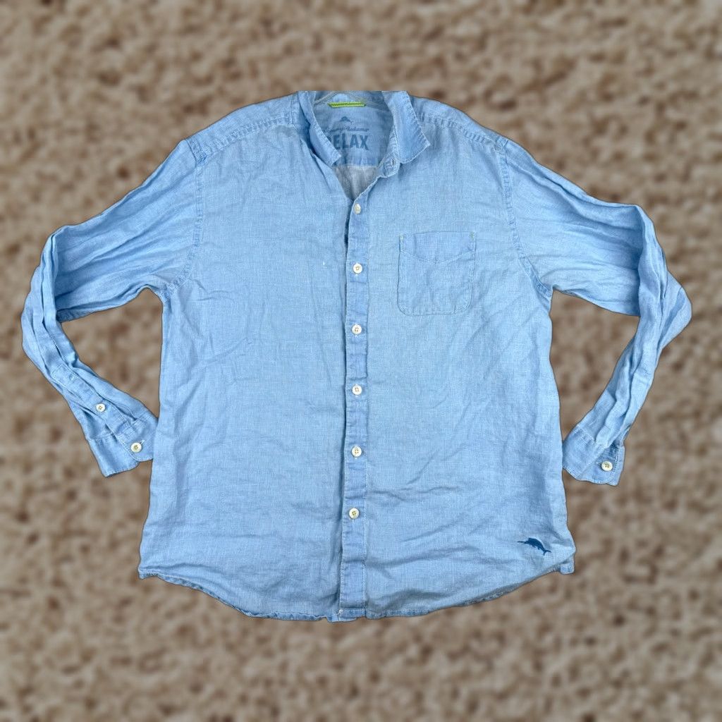 Tommy Bahama Shirt Men Large Blue 100% Linen Long Sleeve Pocket Button-Up Casual Resort Aloha Beach 40 in Chest Mens Regular L Blue Pocket Linen Shirt