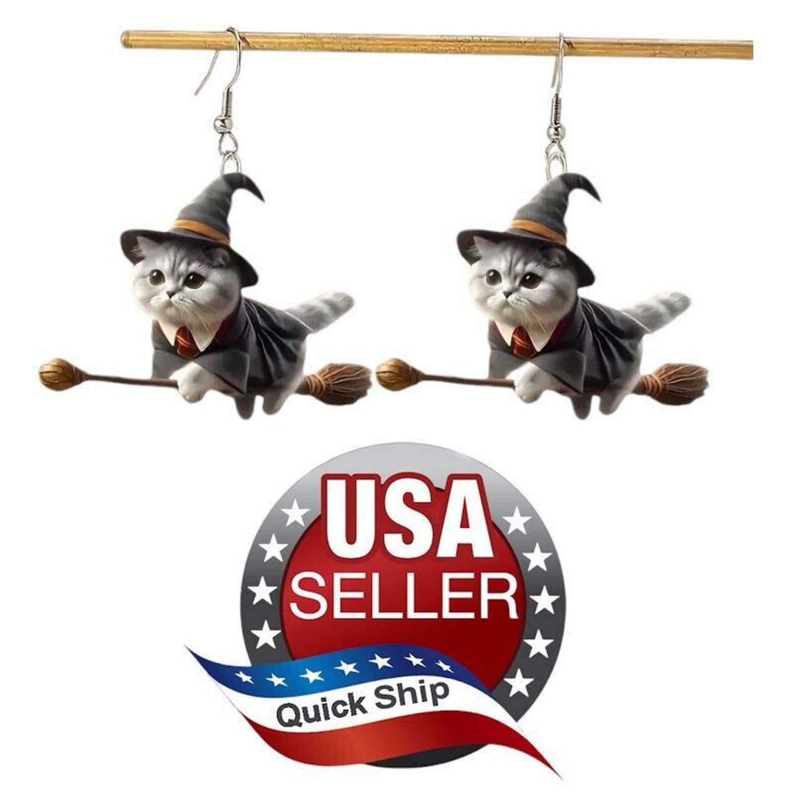 Other Halloween Witch Cat Riding a Broomstick • Acrylic Earrings Size ONE SIZE - 1 Thumbnail