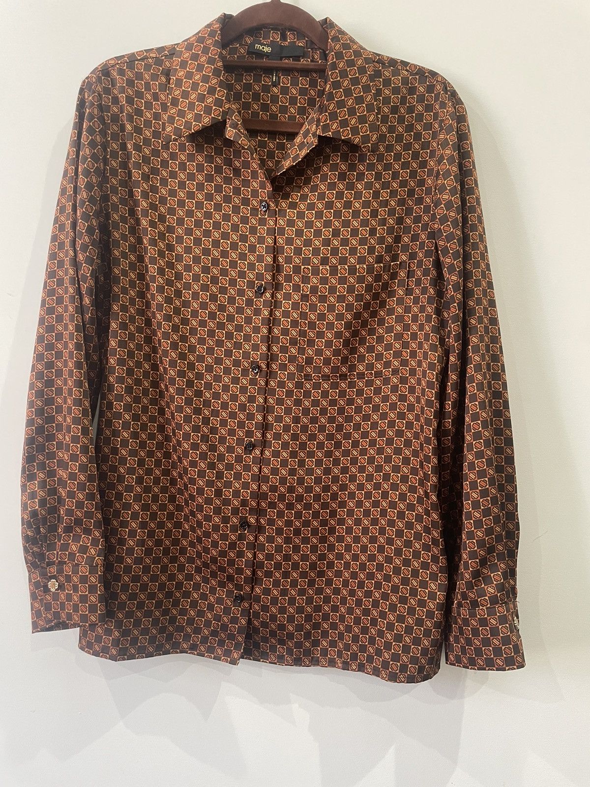 image of Maje Rablic Scarf Print Button Up in Brown, Women's (Size Small)