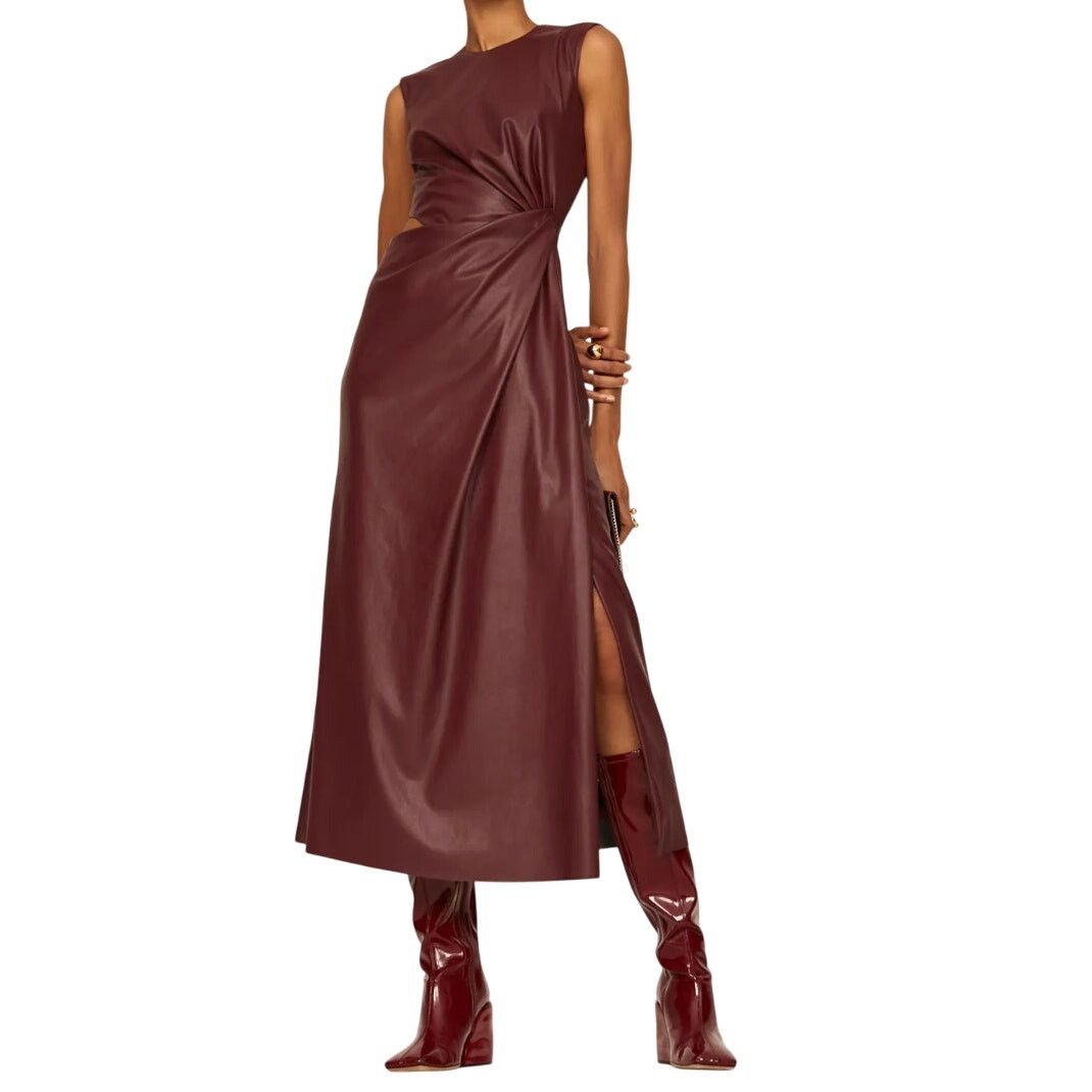 slim fit dress slacks Red Sleeveless Faux Leather Cut Out Midi Dress – Rebel by Lily B main image 0