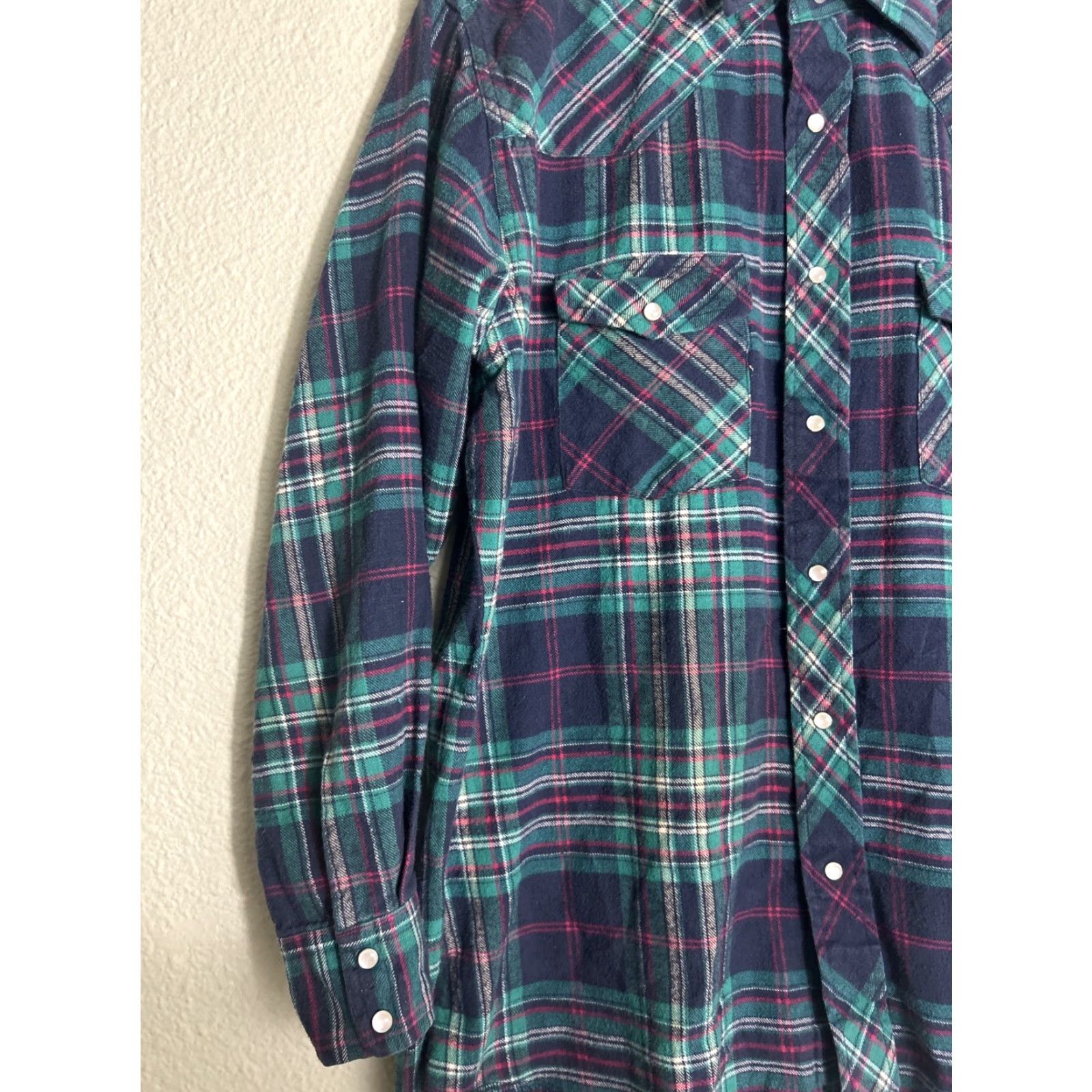 Wrangler VINTAGE Wrangler Mens Large Green Plaid Pearl Snap Shirt Long Sleeve 100% Cotton Size US L / EU 52-54 / 3 - 2 Thumbnail