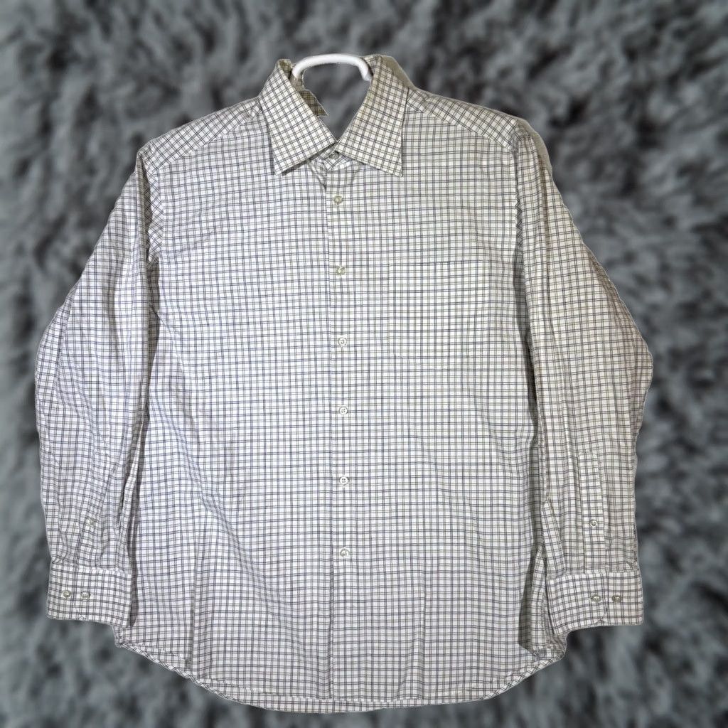 Hugo Boss VINTAGE Hugo Boss Dress Shirt White Gray Plaid 17 neck 34-35 sleeve Long Sleeve Mens Size 34R - 1 Thumbnail