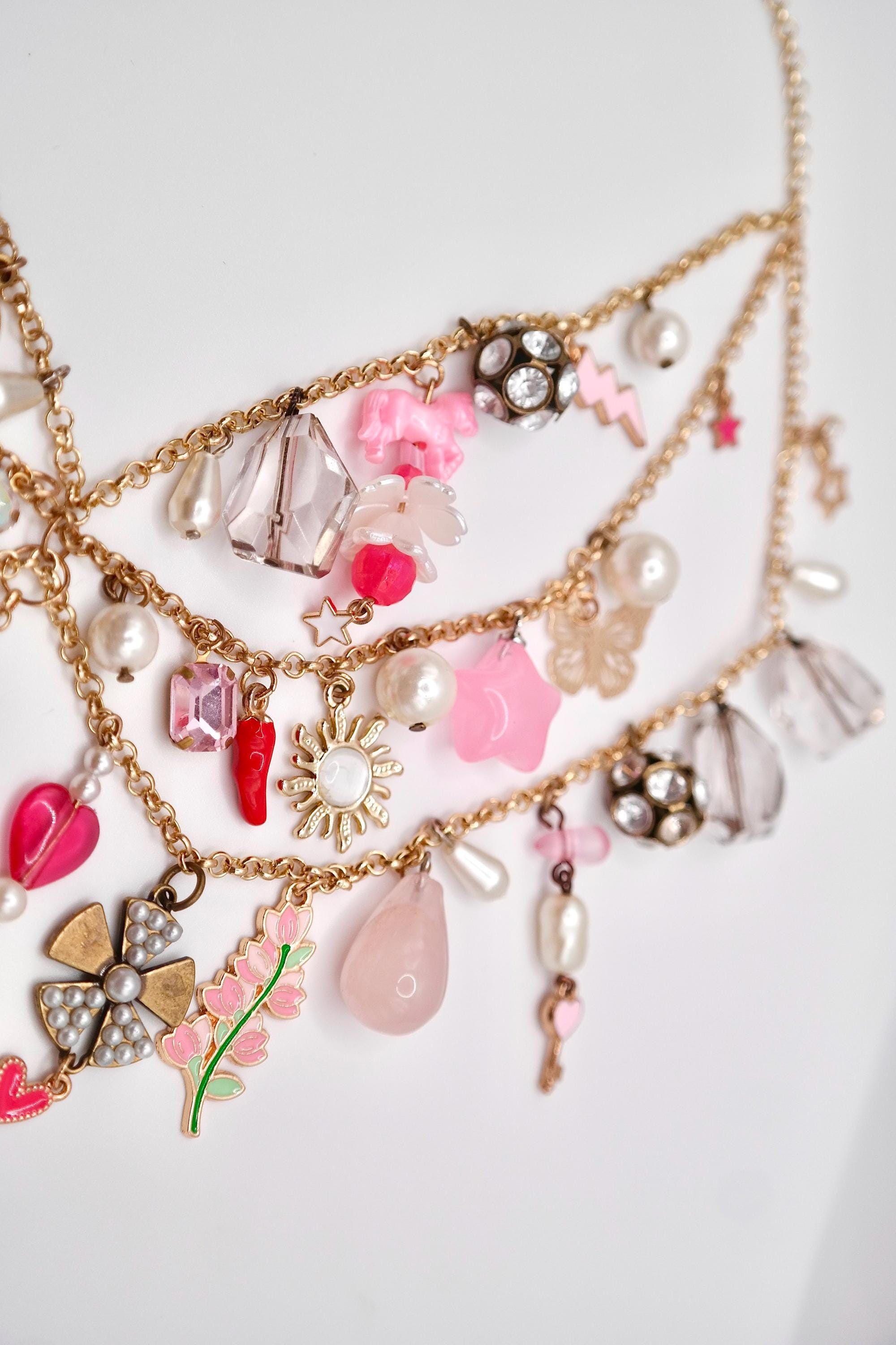 Handmade Manic Pixie Dream Girl Pink & Gold Charm Necklace Size ONE SIZE - 9 Thumbnail
