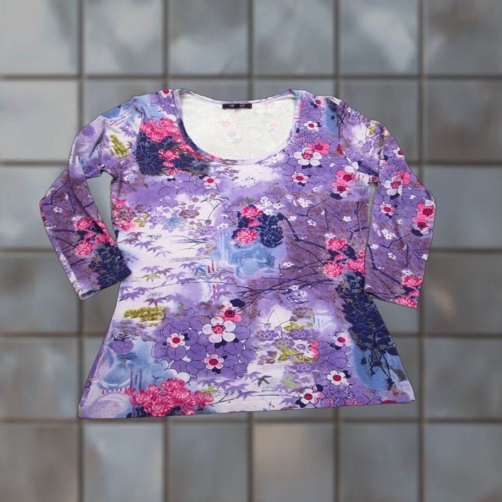 Vintage VINTAGE Karen Kane Shirt Womens L Purple Floral 3/4 Sleeve Jersey AOP Y2K Size L / US 10 / IT 46 - 1 Thumbnail