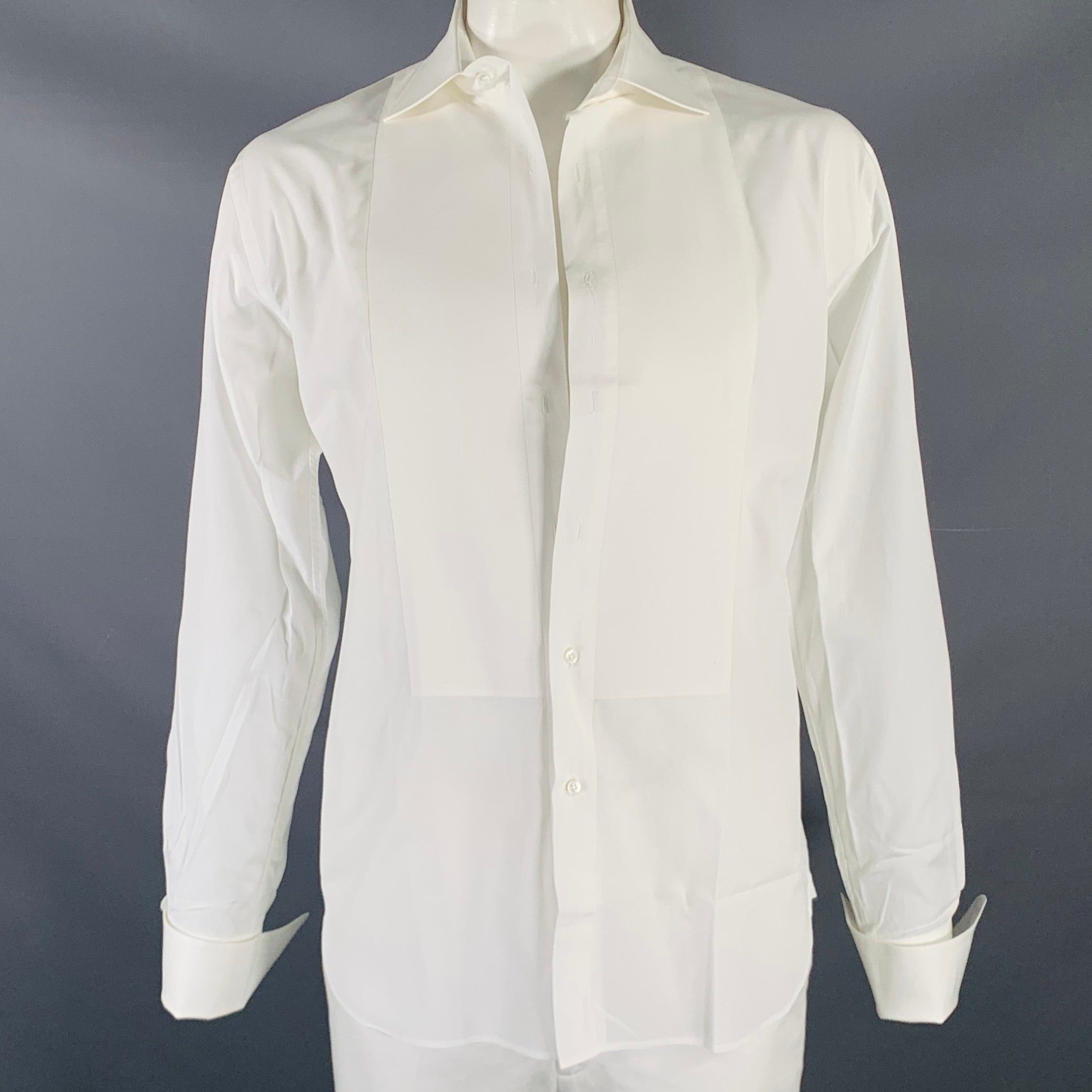 image of Bergdorf Goodman White Cotton Tuxedo Long Sleeve Shirt, Men's (Size Large)